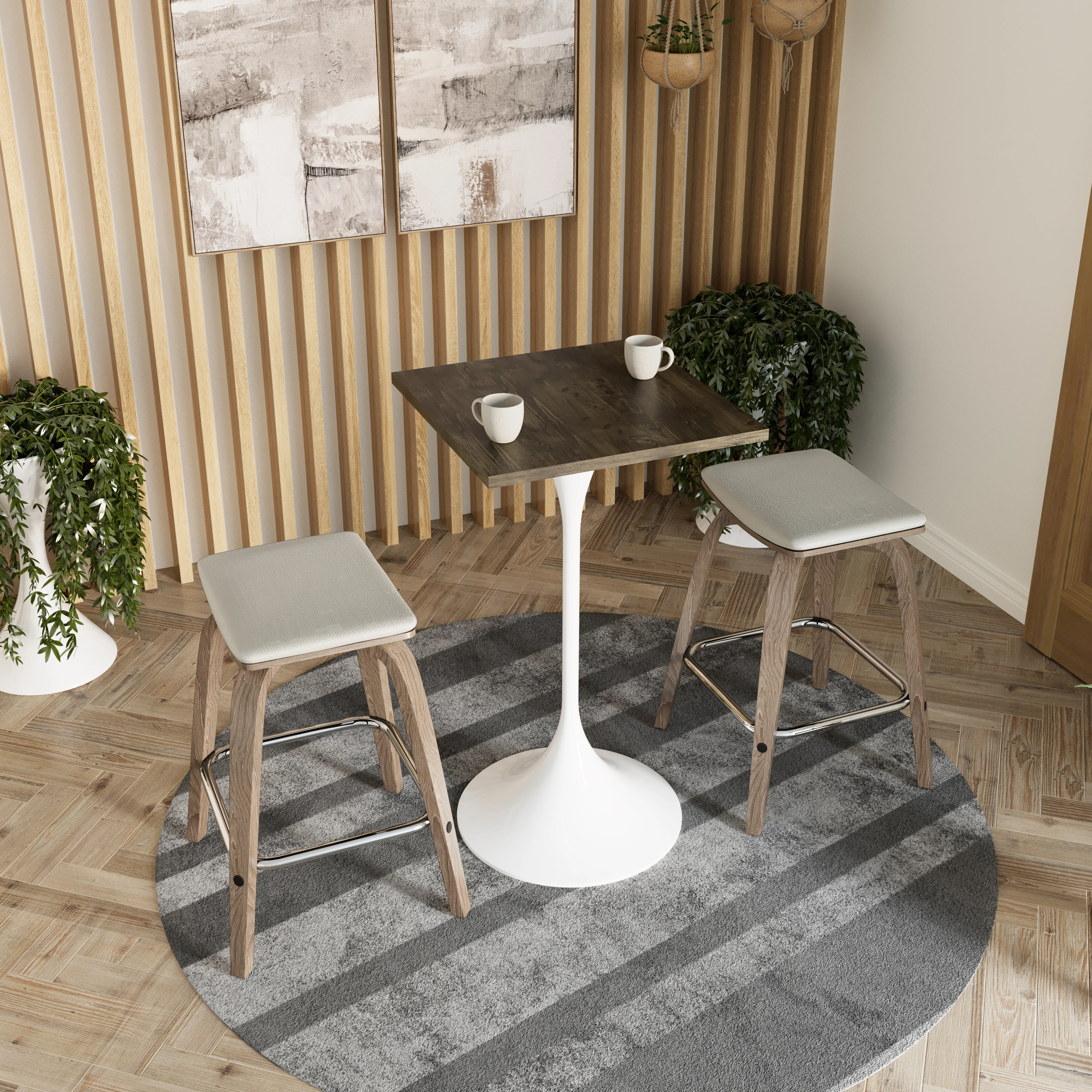 Verve Collection 24 Square Top Bar Height Table, White Base with Dark Maple MDF Top