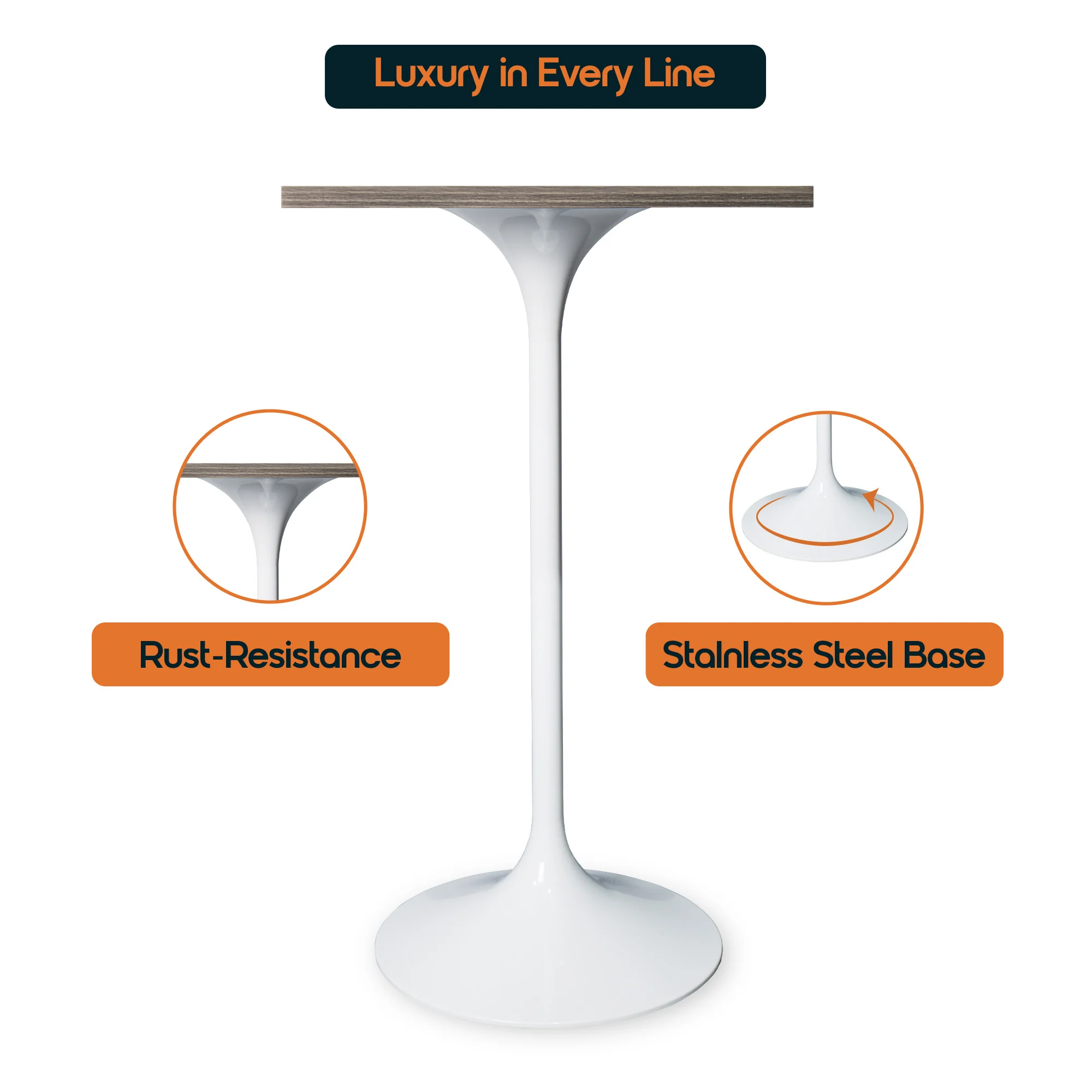 Verve Collection 24 Square Top Bar Height Table, White Base with Dark Maple MDF Top