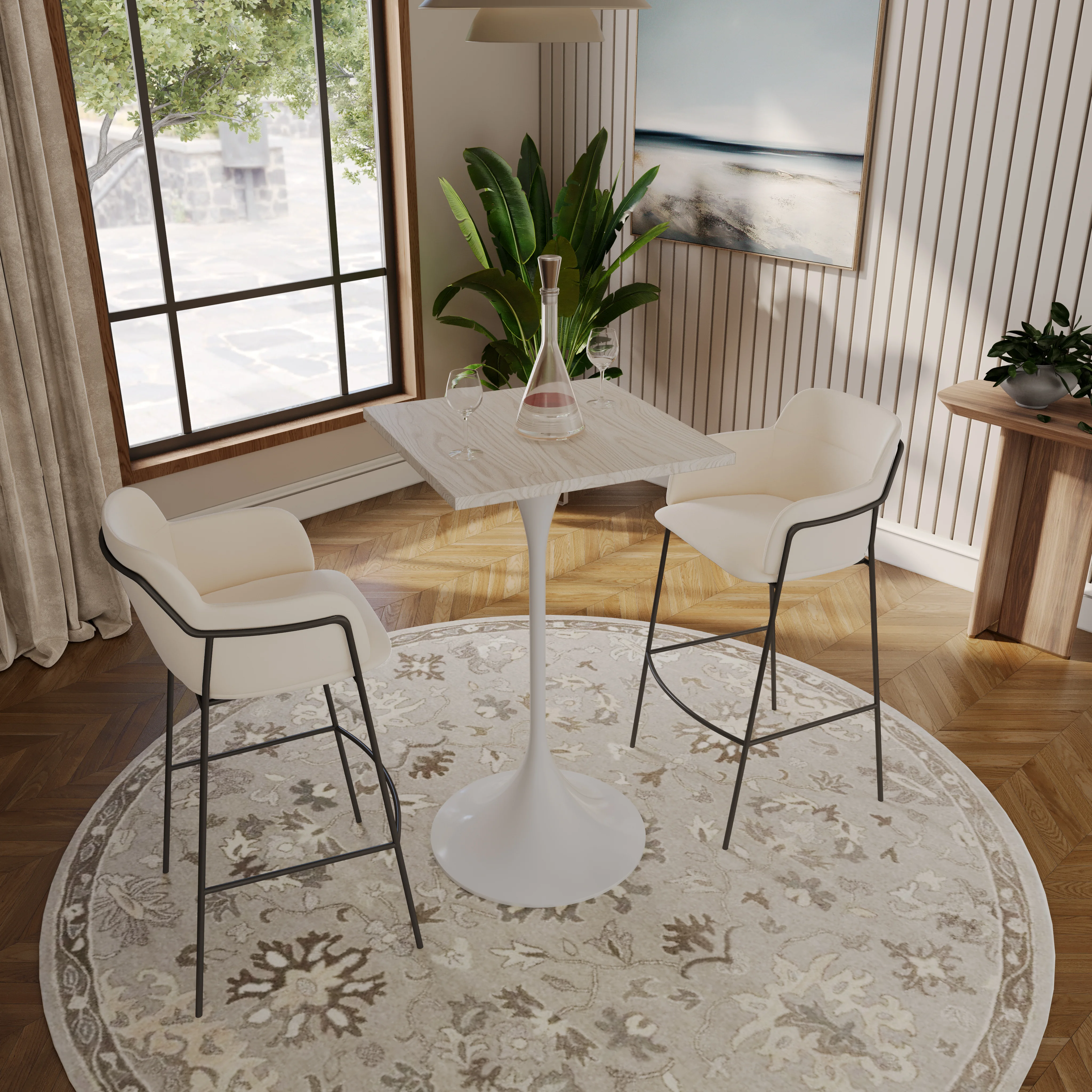 Verve Collection 24 Square Top Bar Height Table, White Base with Light Natural Wood MDF Top