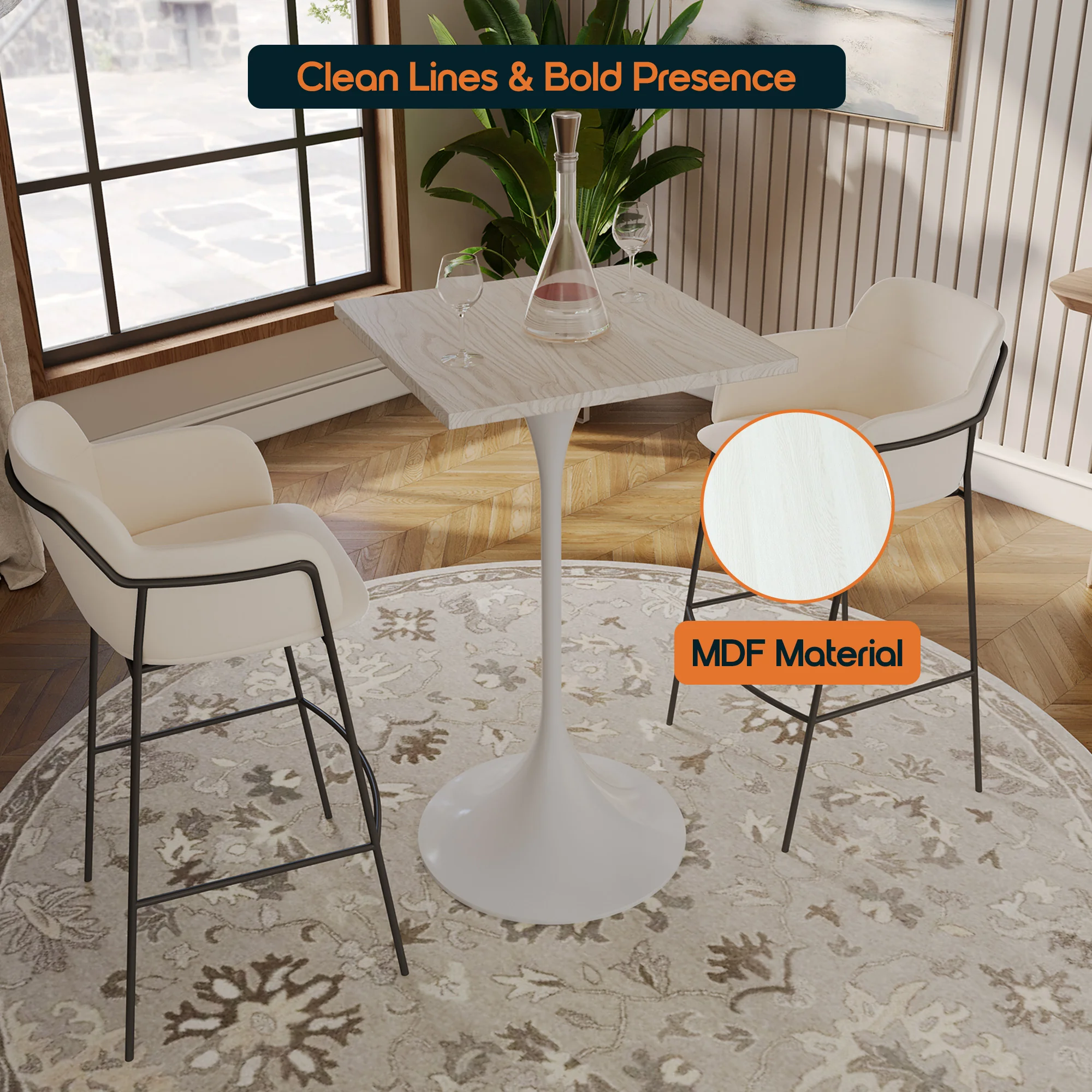 Verve Collection 24 Square Top Bar Height Table, White Base with Light Natural Wood MDF Top