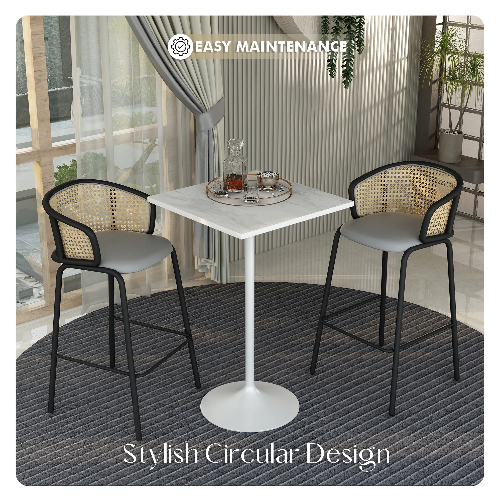 Verve Collection Modern Bar Height Table White Base with 27" Square Marbleized White Laminated  Top