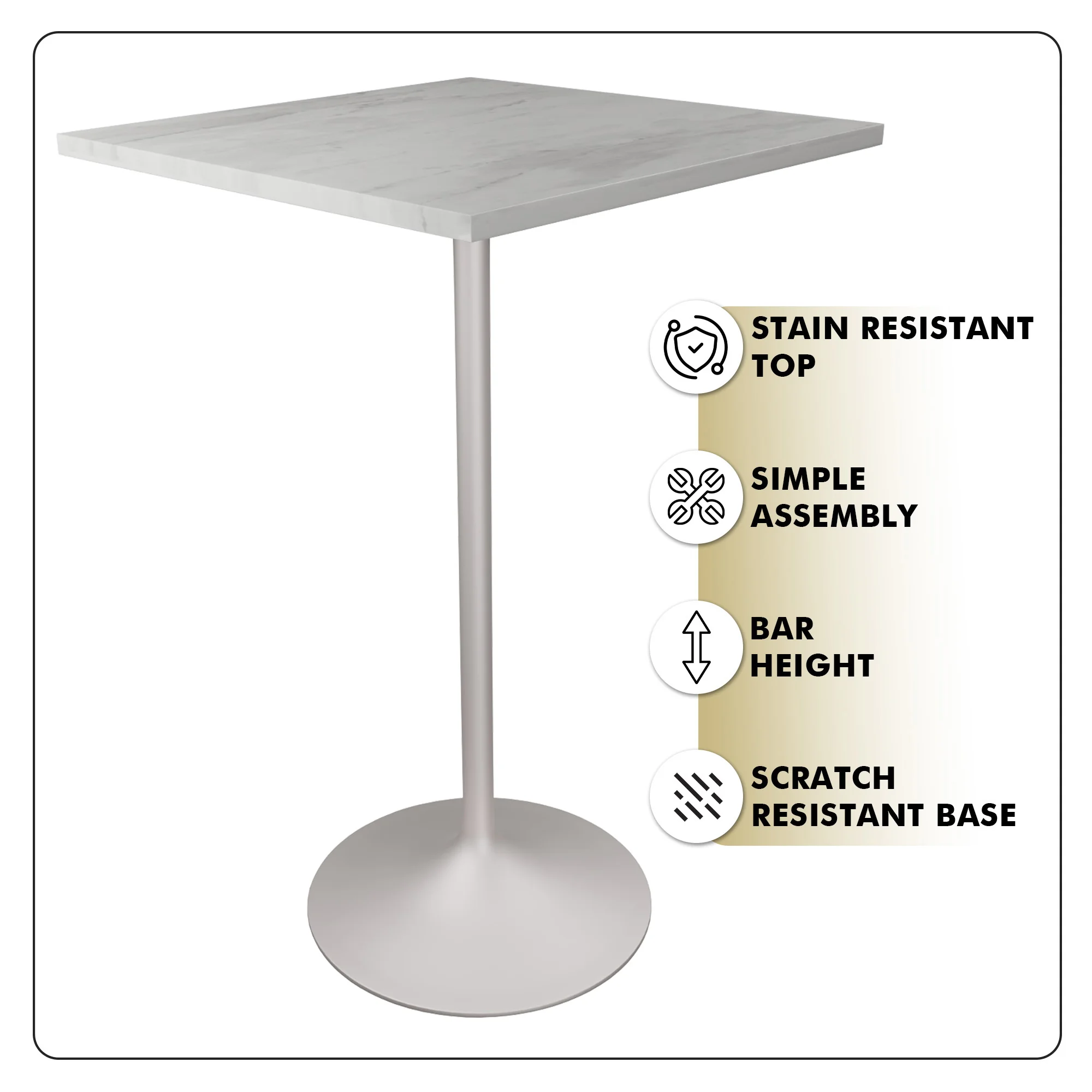Verve Collection Modern Bar Height Table White Base with 27" Square Marbleized White Laminated  Top