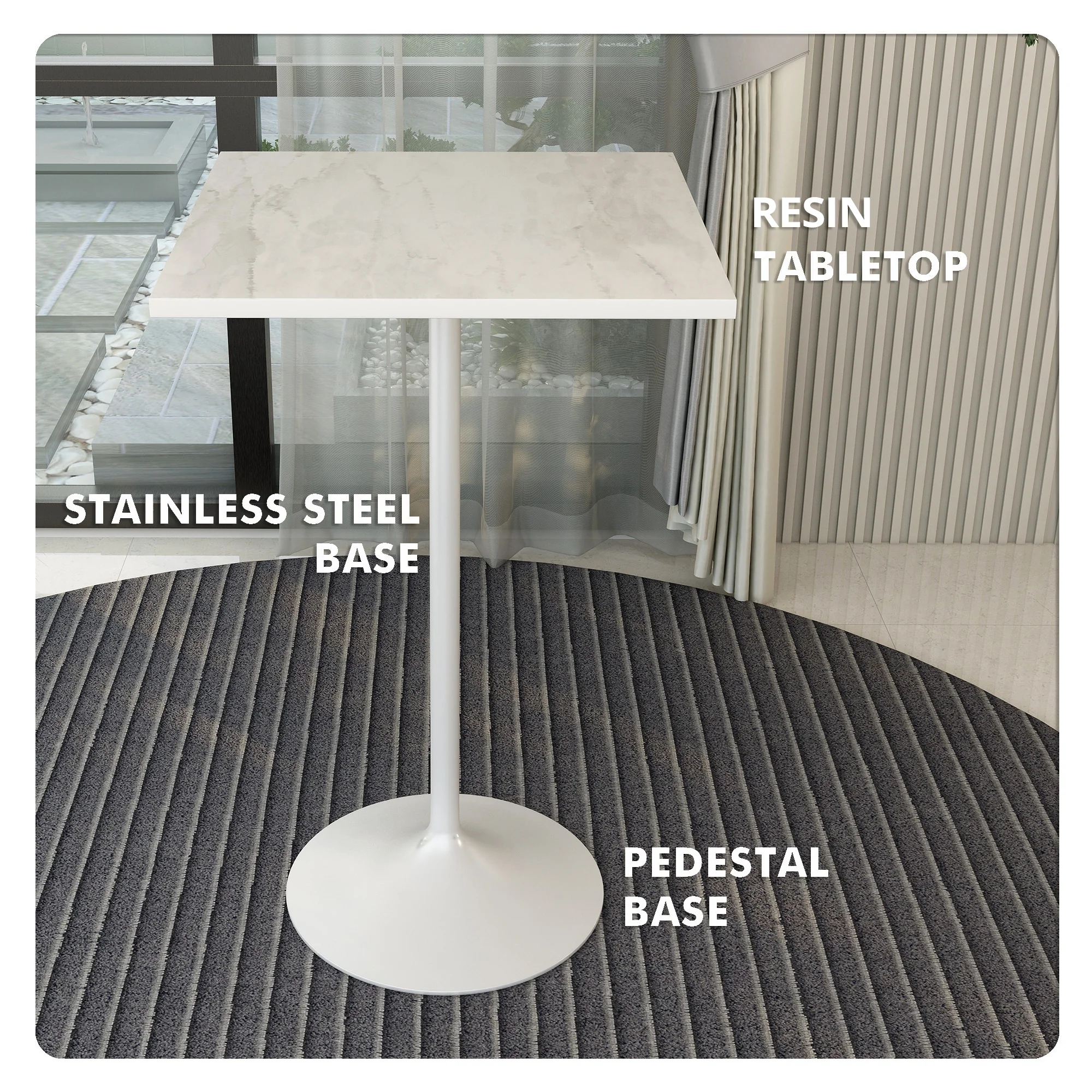 Verve Collection Modern Bar Height Table White Base with 27" Square Marbleized White Laminated  Top