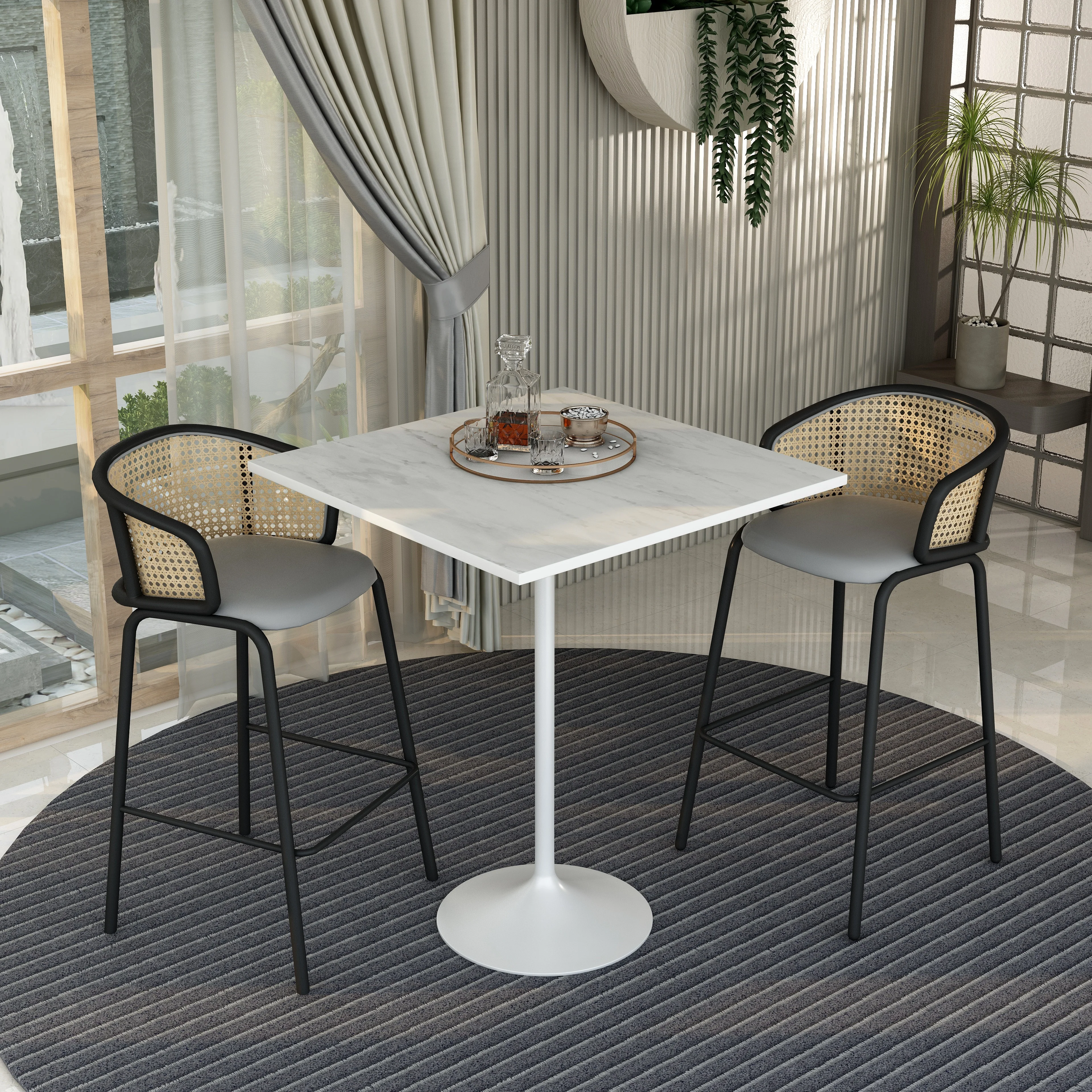 Verve Collection Modern Bar Height Table White Base with 36" Square Marbleized White Laminated  Top
