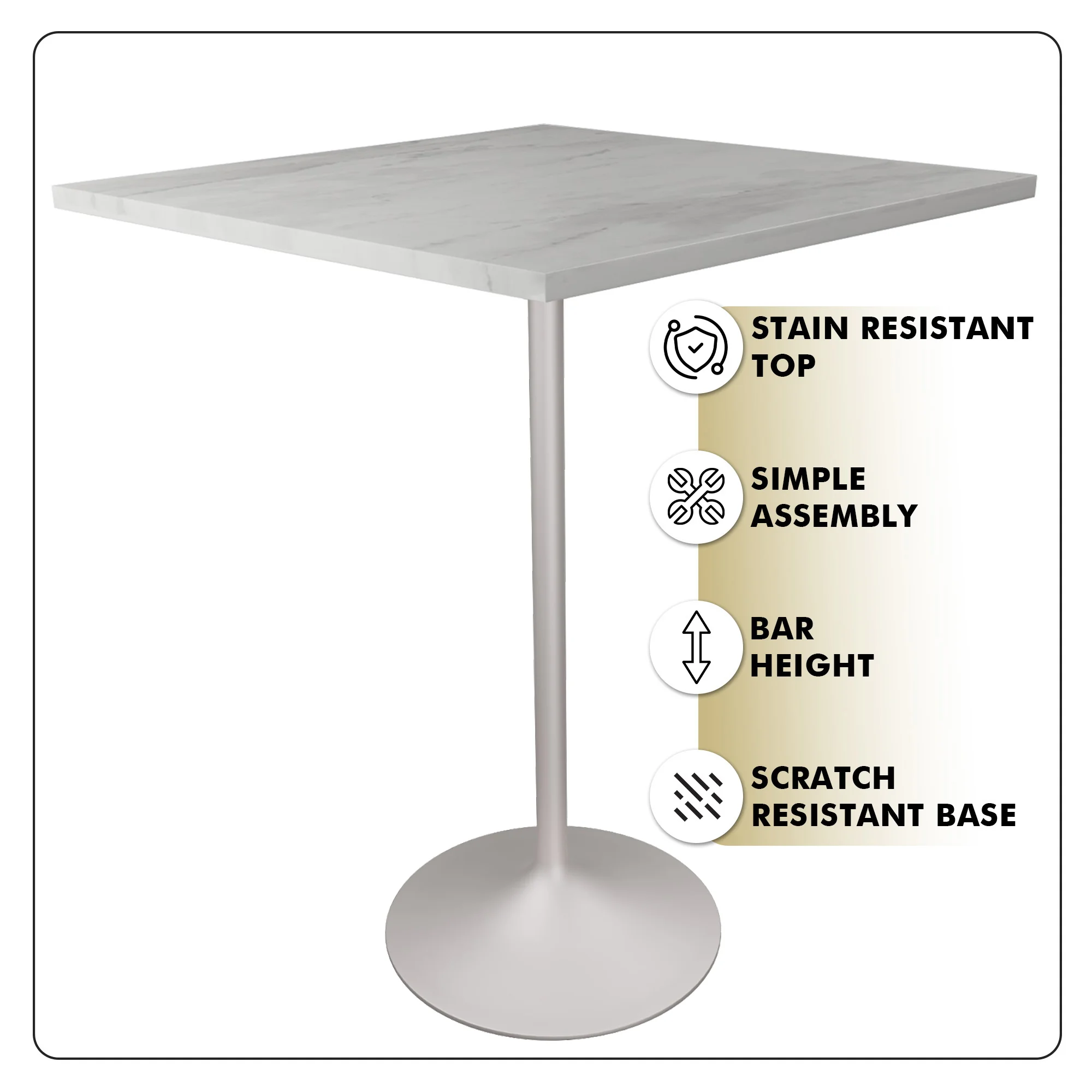 Verve Collection Modern Bar Height Table White Base with 36" Square Marbleized White Laminated  Top