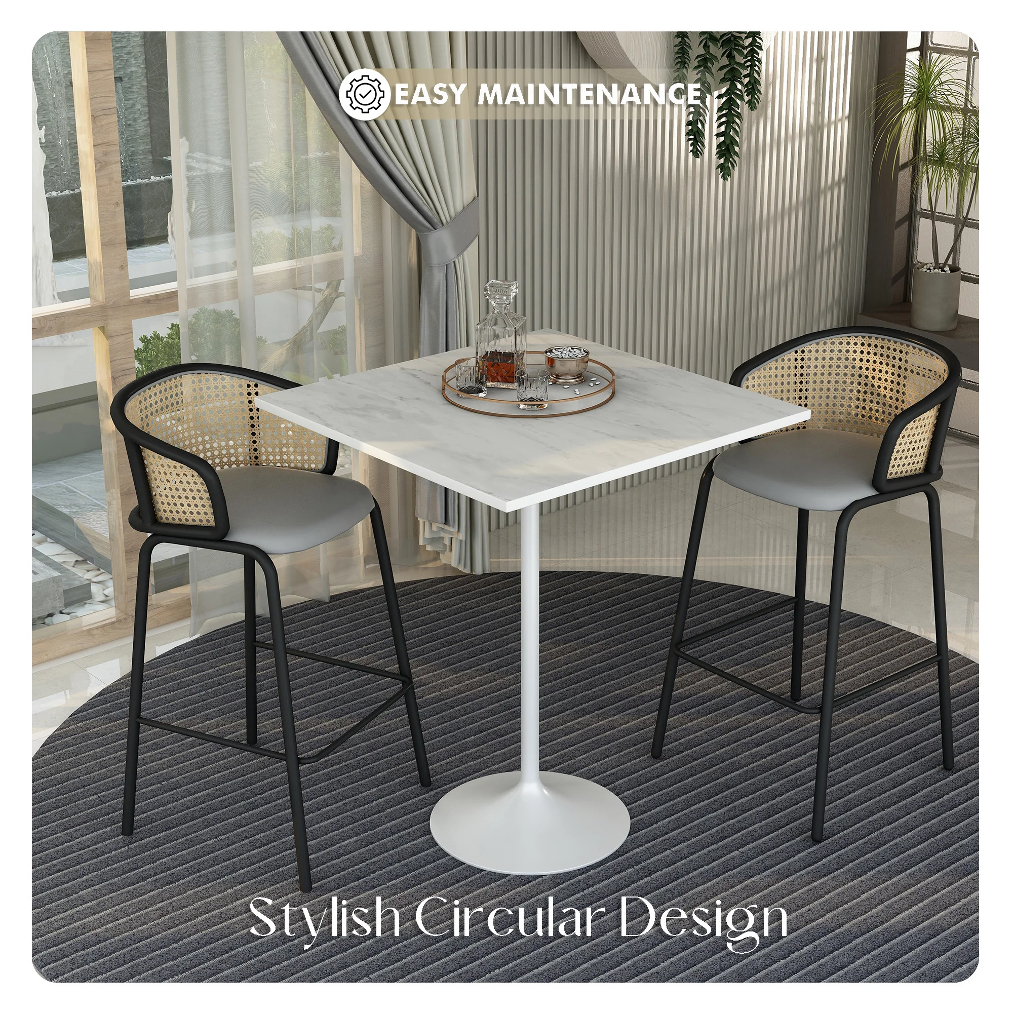 Verve Collection Modern Bar Height Table White Base with 36" Square Marbleized White Laminated  Top