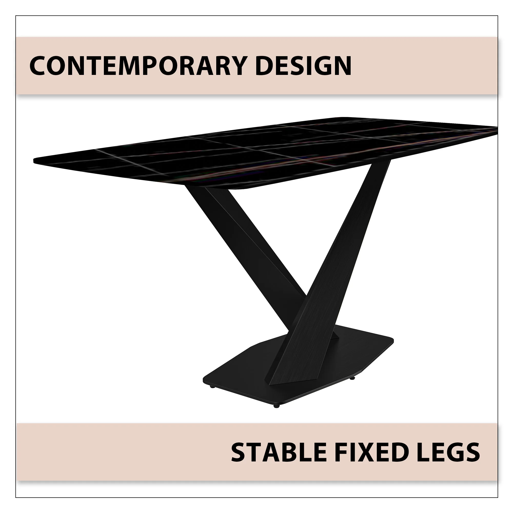 Voren Series Modern Dining Table Black Base, With 55 Black/Gold Sintered Stone Top