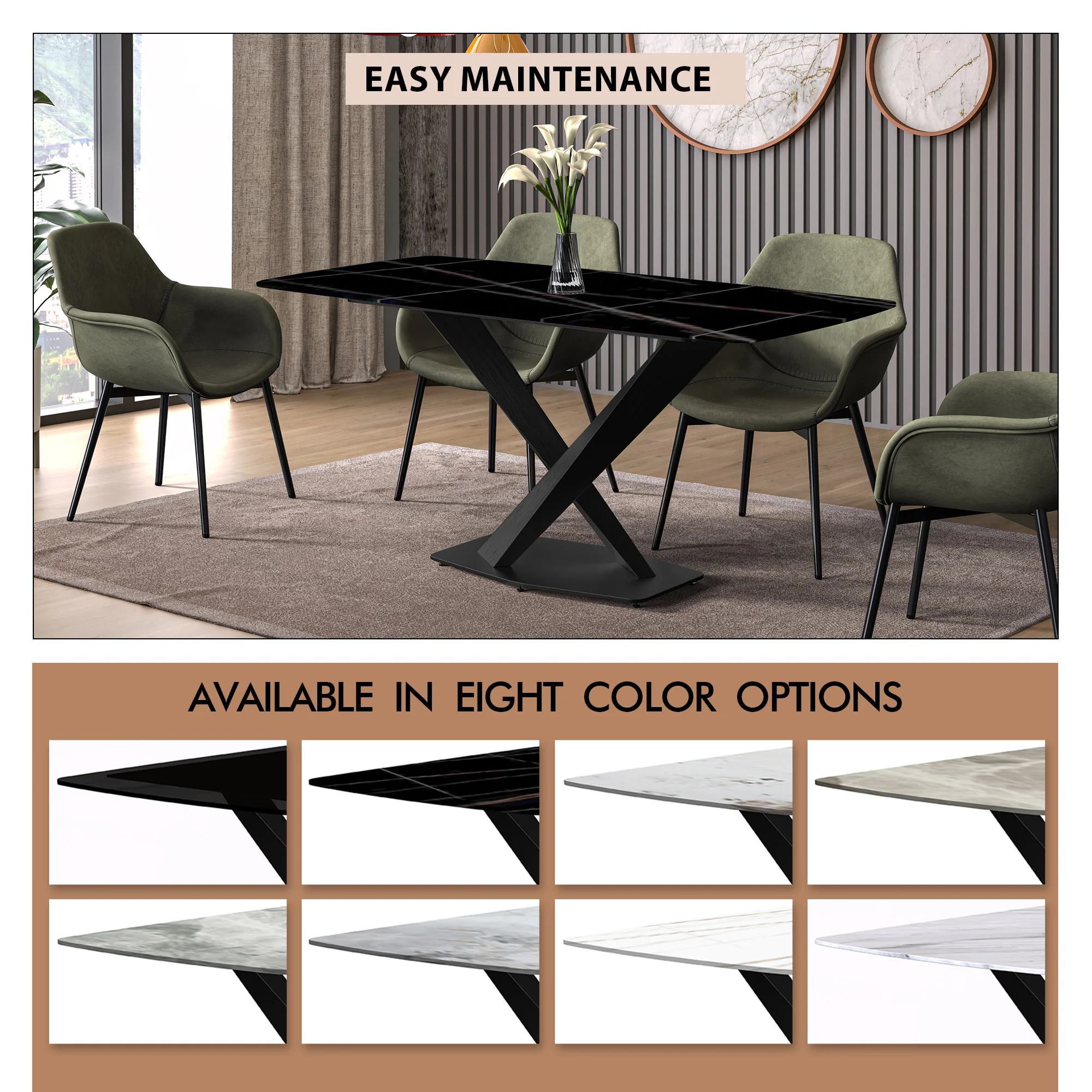 Voren Series Modern Dining Table Black Base, With 55 Black/Gold Sintered Stone Top