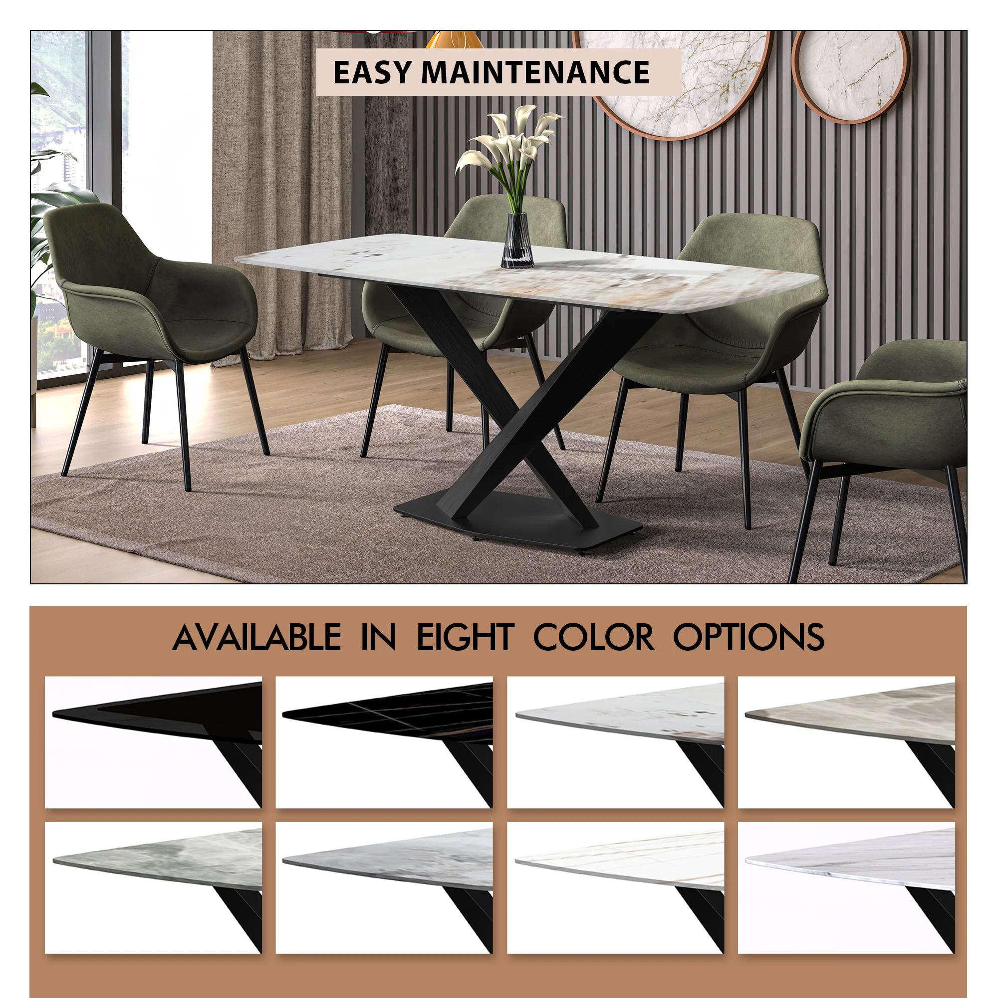 Voren Series Modern Dining Table Black Base, With 55 White Grey Sintered Stone Top