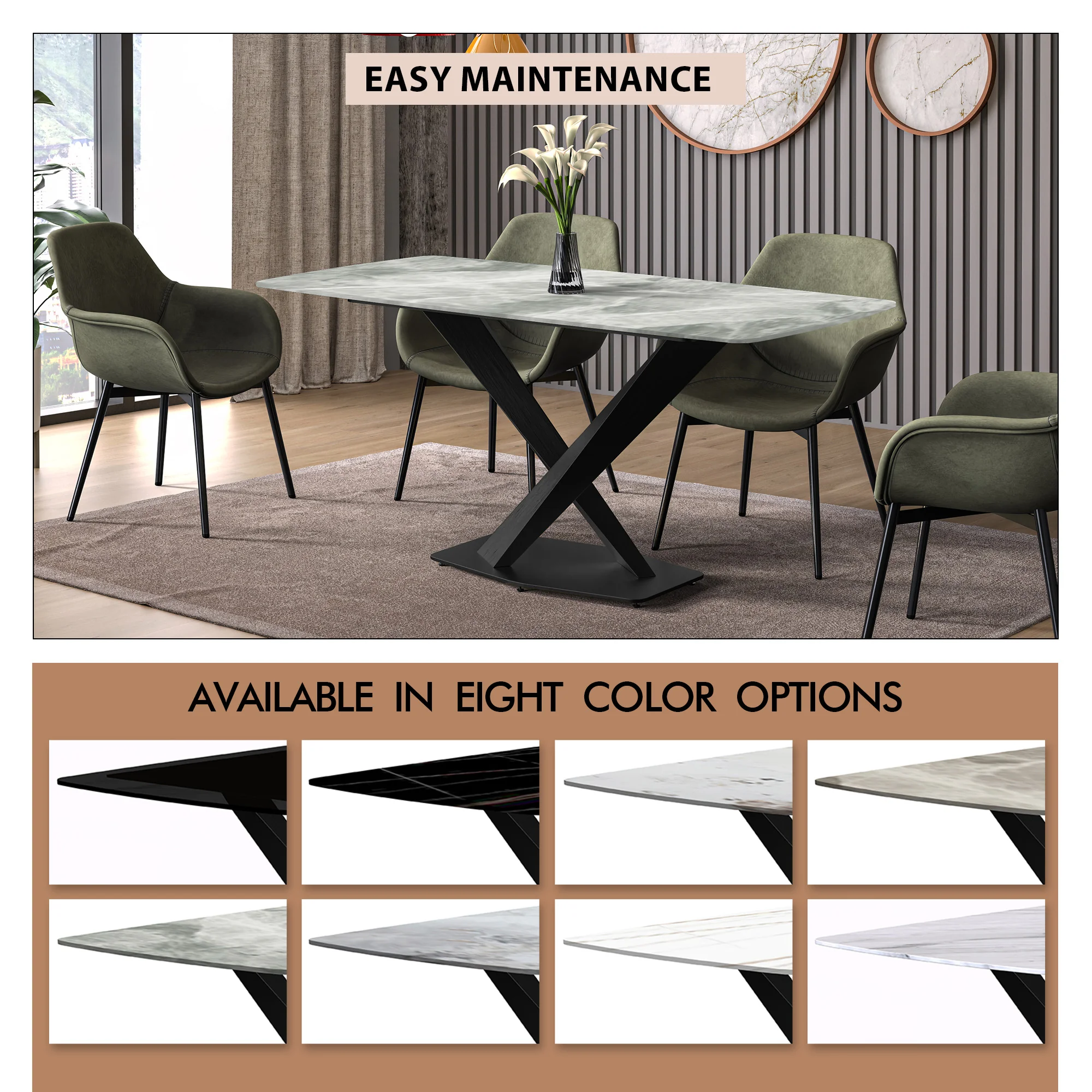 Voren Series Modern Dining Table Black Base, With 55 Light Grey Sintered Stone Top