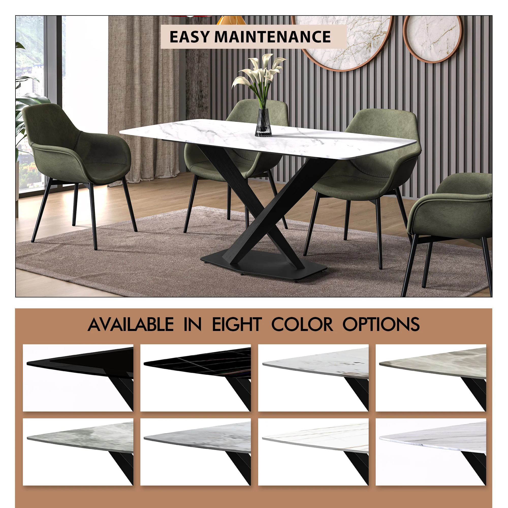 Voren Series Modern Dining Table Black Base, With 55 White Sintered Stone Top