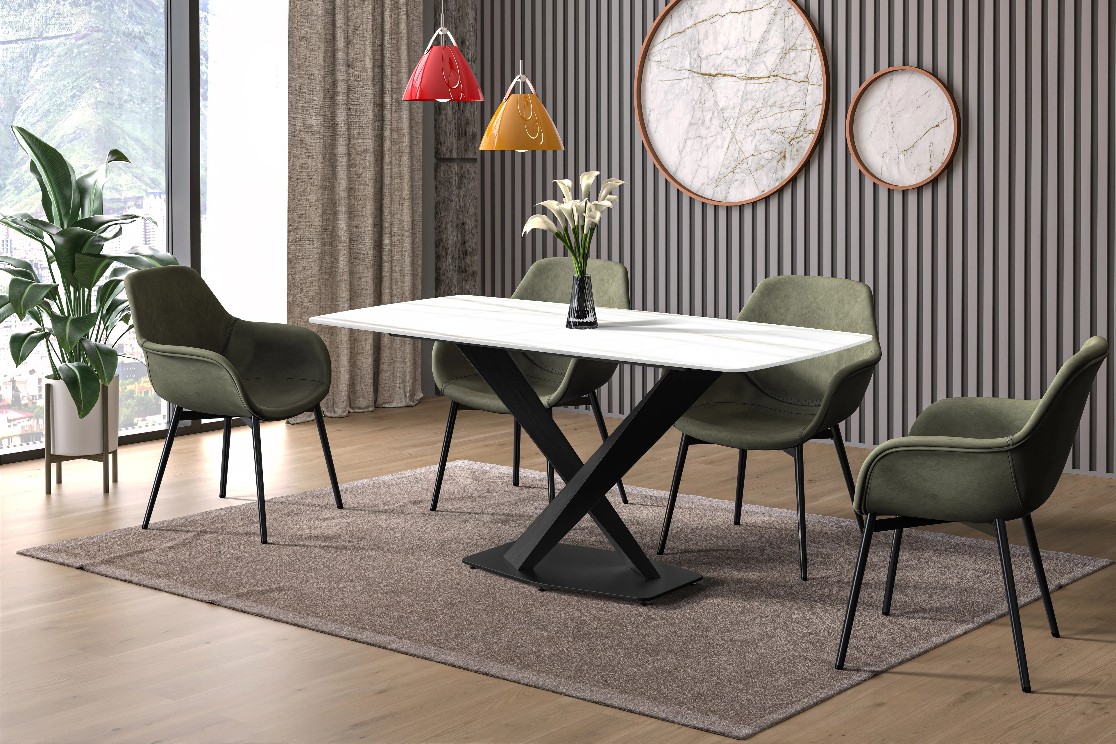 Voren Series Modern Dining Table Black Base, With 55 White/Gold Sintered Stone Top
