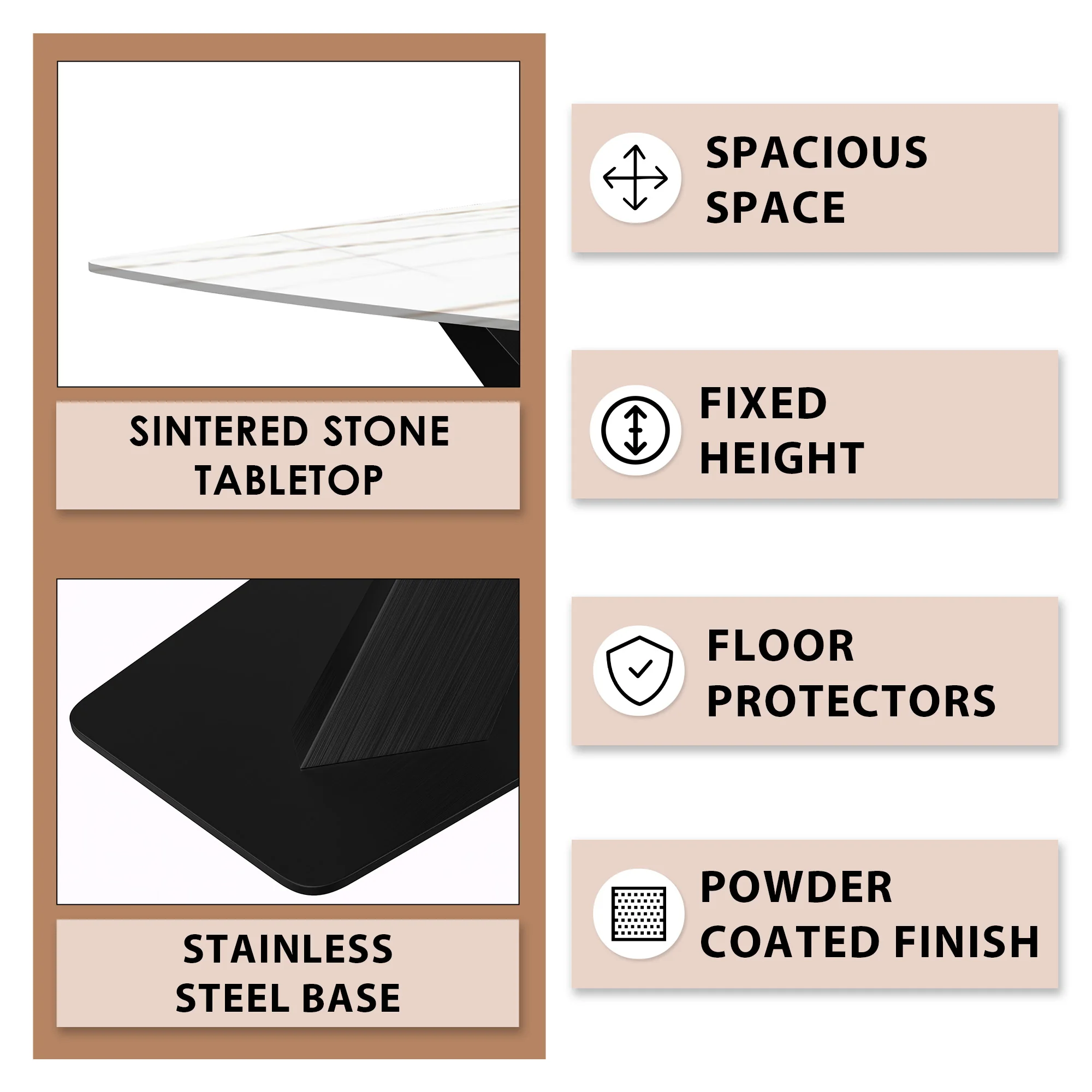 Voren Series Modern Dining Table Black Base, With 55 White/Gold Sintered Stone Top