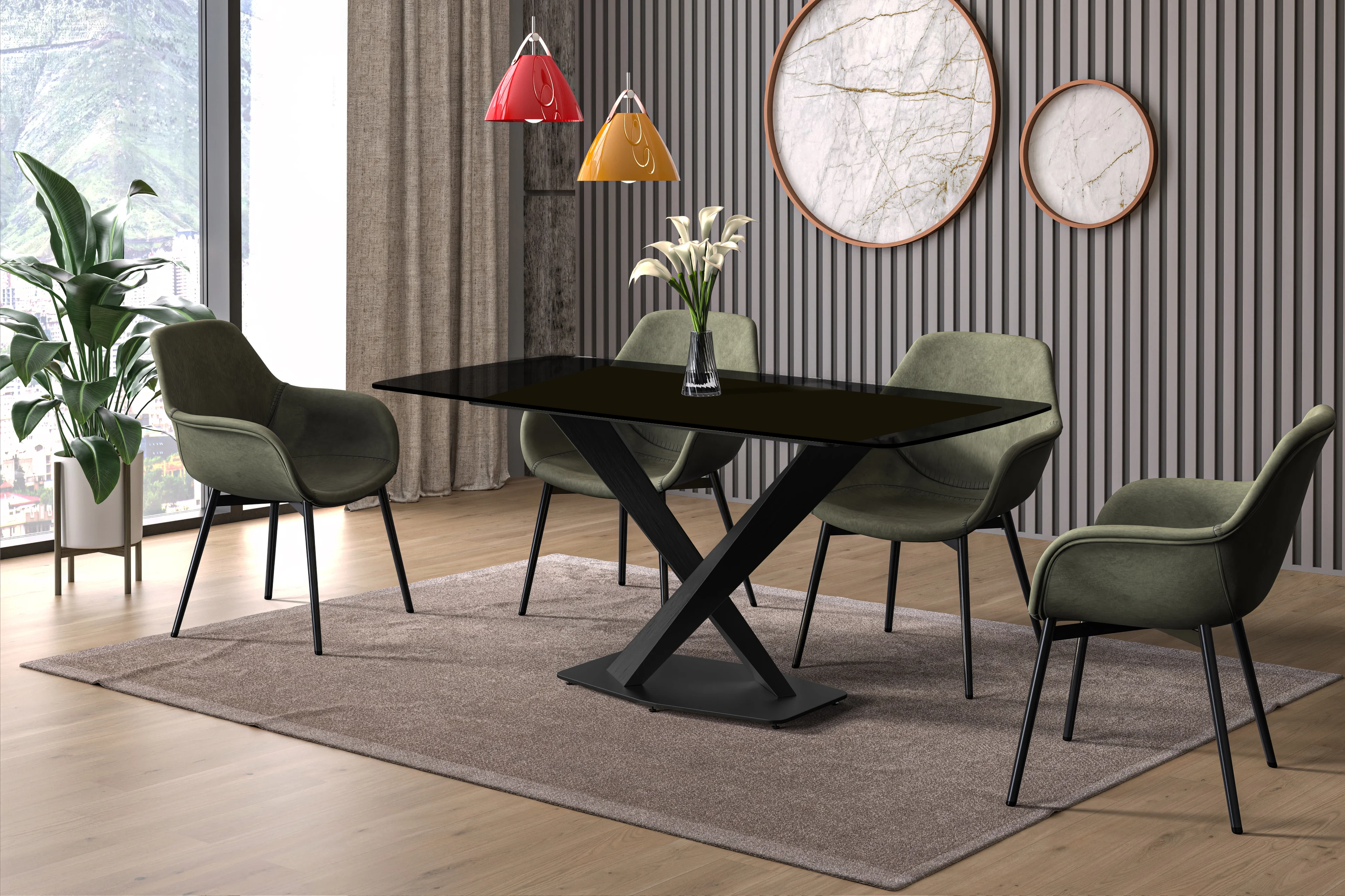 Voren Series Modern Dining Table Black Base, With 62 Black Glass Top