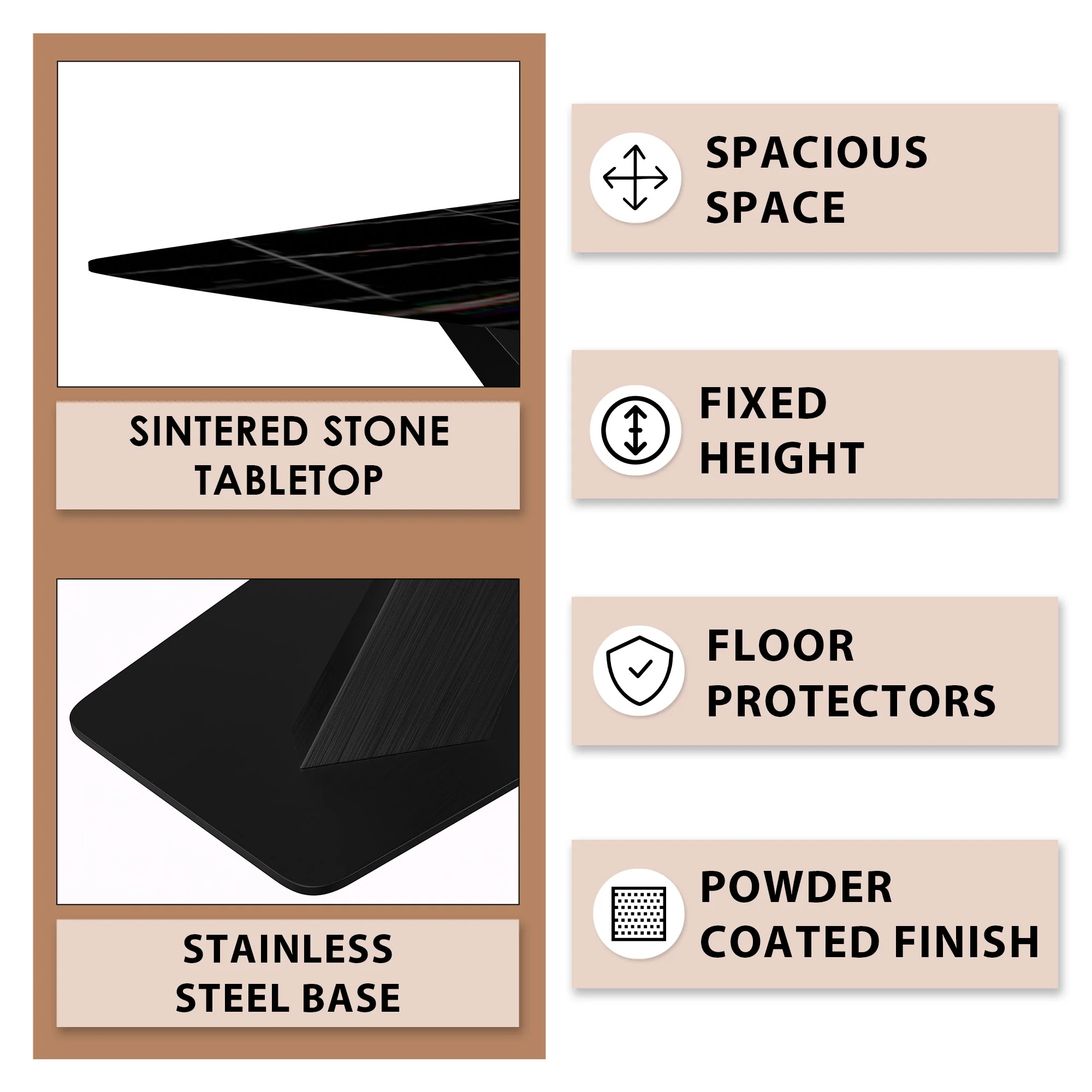 Voren Series Modern Dining Table Black Base, With 62 Black/Gold Sintered Stone Top