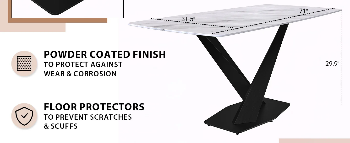 Voren Series Modern Dining Table Black Base, With 71 White Sintered Stone Top