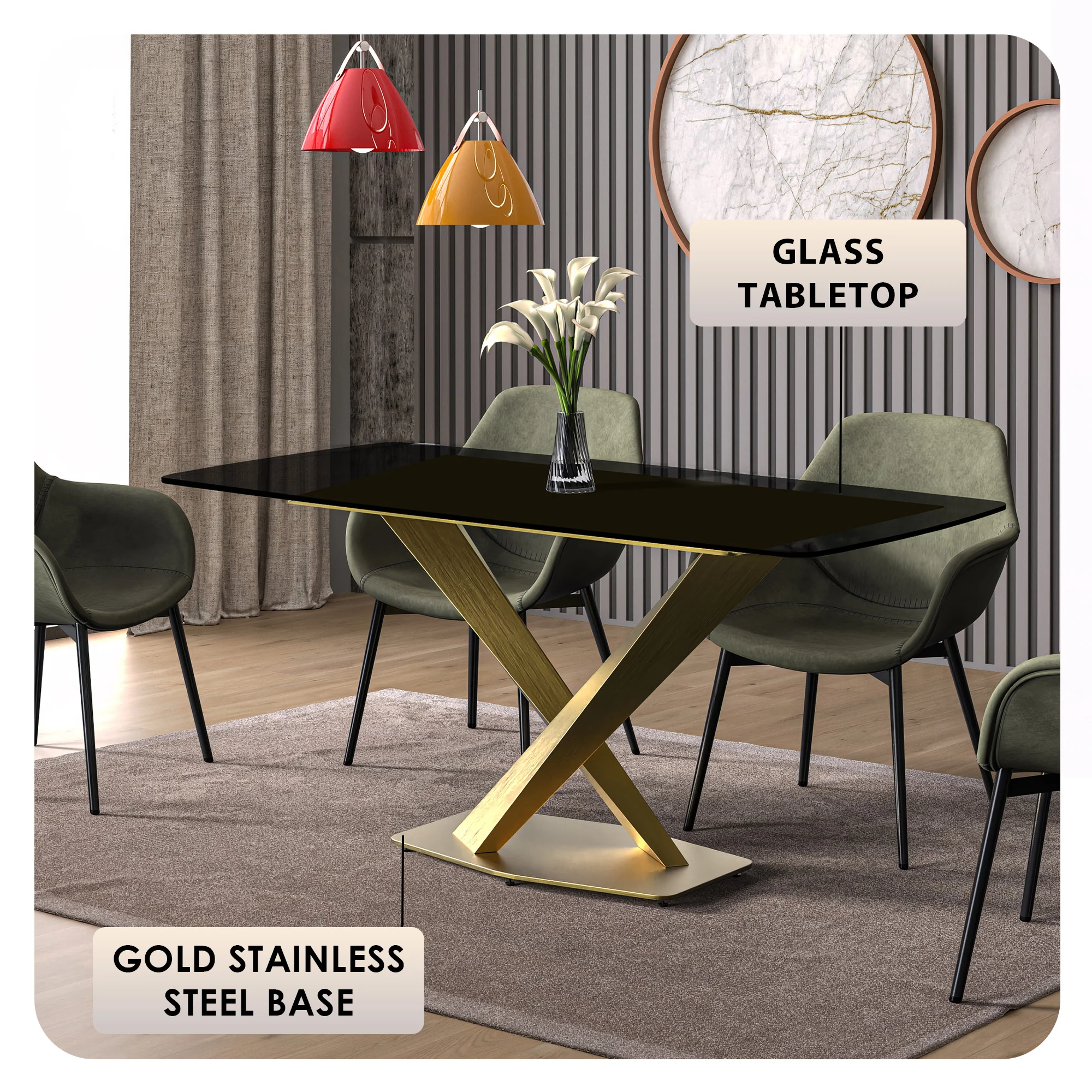 Voren Series Modern Dining Table Gold Base, With 55" Black Glass Top