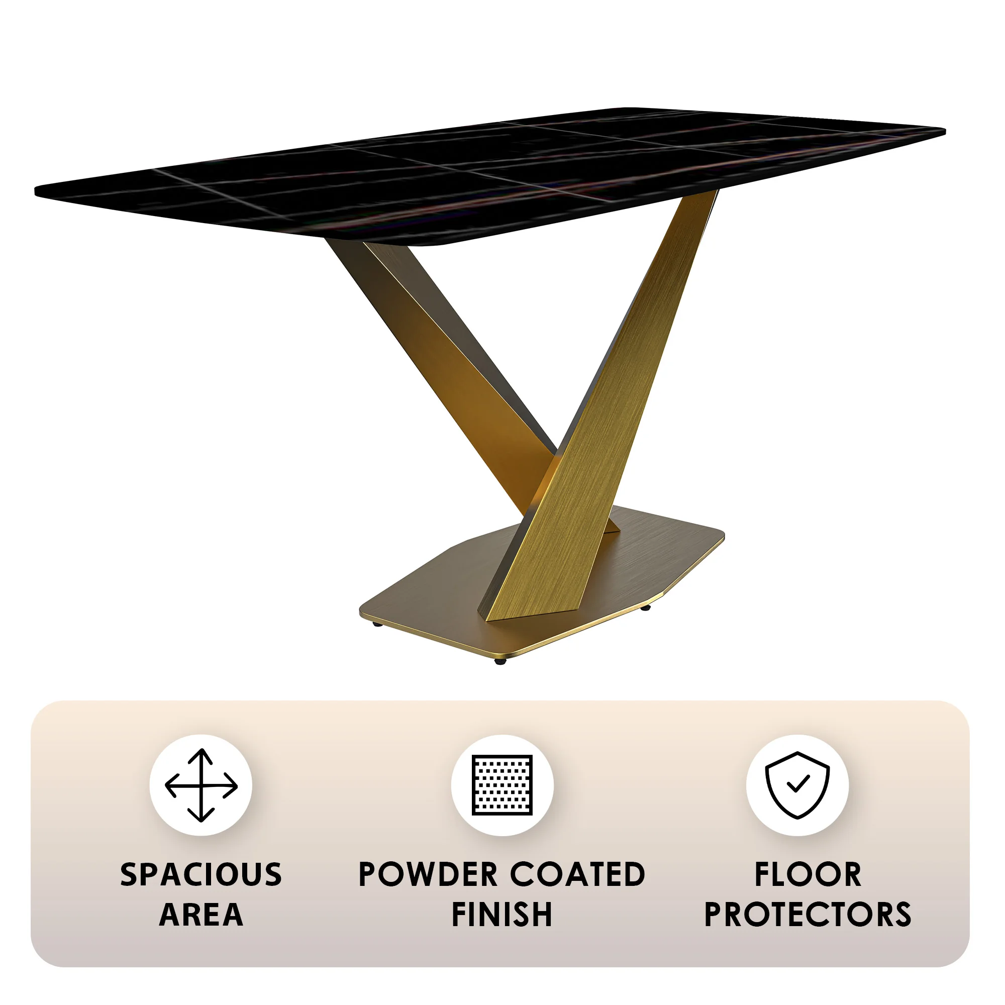 Voren Series Modern Dining Table Gold Base, With 55" Black/Gold Sintered Stone Top