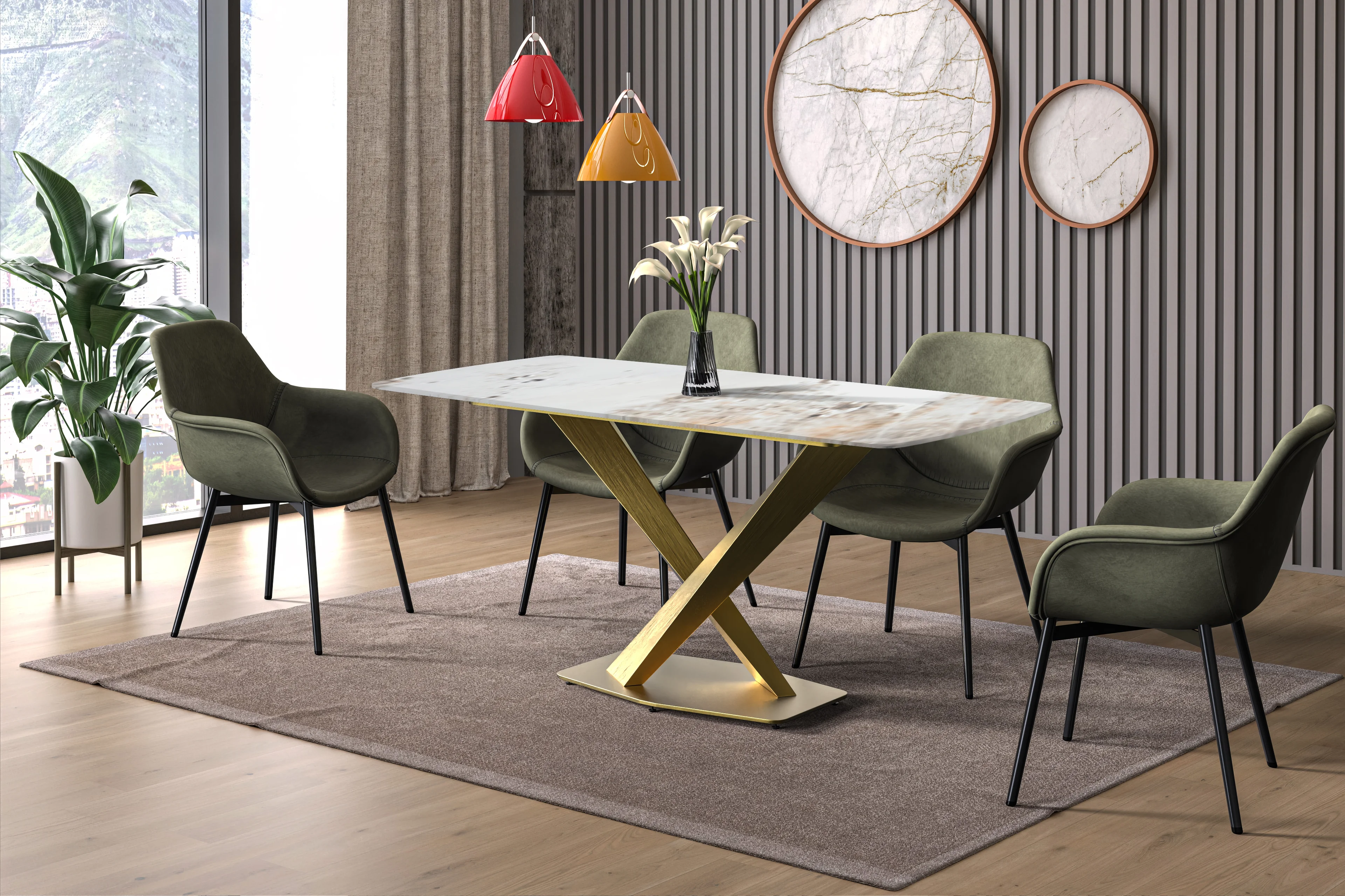 Voren Series Modern Dining Table Gold Base, With 55" White Grey Sintered Stone Top