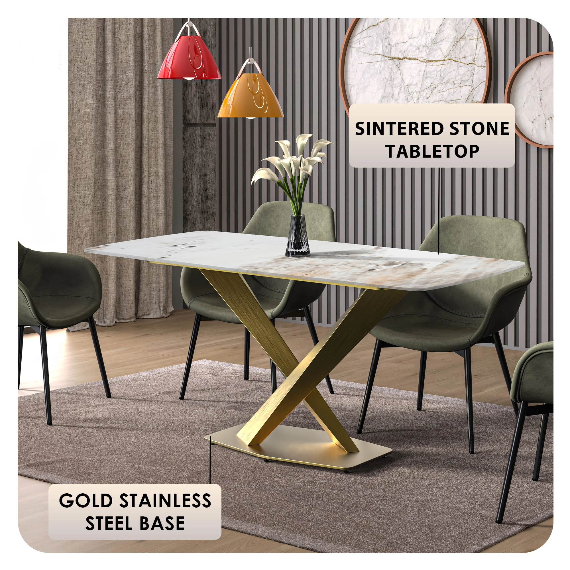 Voren Series Modern Dining Table Gold Base, With 55" White Grey Sintered Stone Top