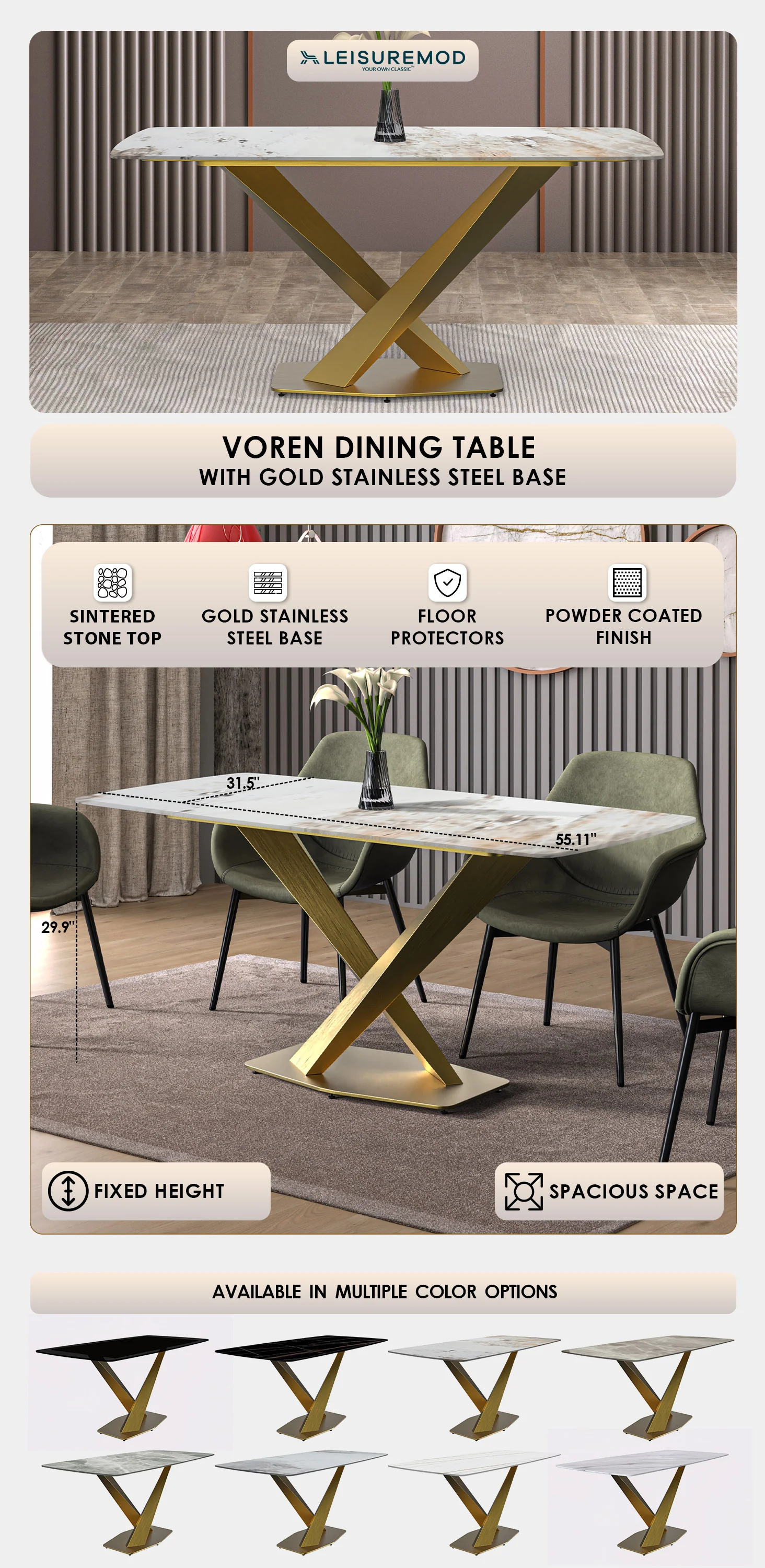 Voren Series Modern Dining Table Gold Base, With 55" White Grey Sintered Stone Top