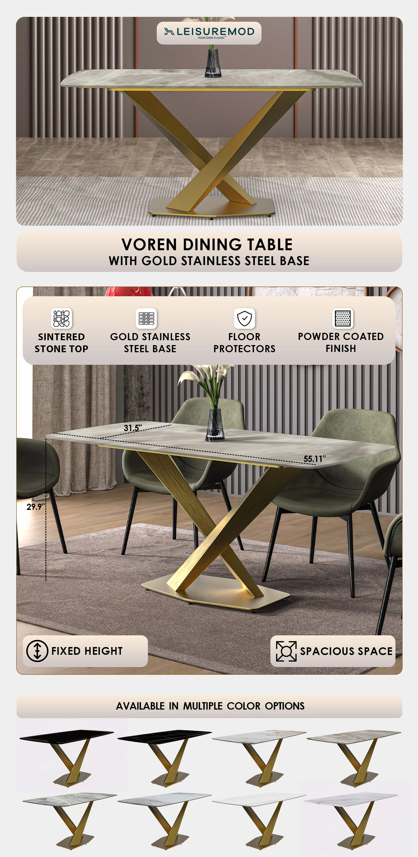 Voren Series Modern Dining Table Gold Base, With 55" Deep Grey Sintered Stone Top
