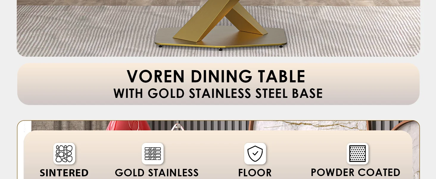 Voren Series Modern Dining Table Gold Base, With 55" Light Grey Sintered Stone Top