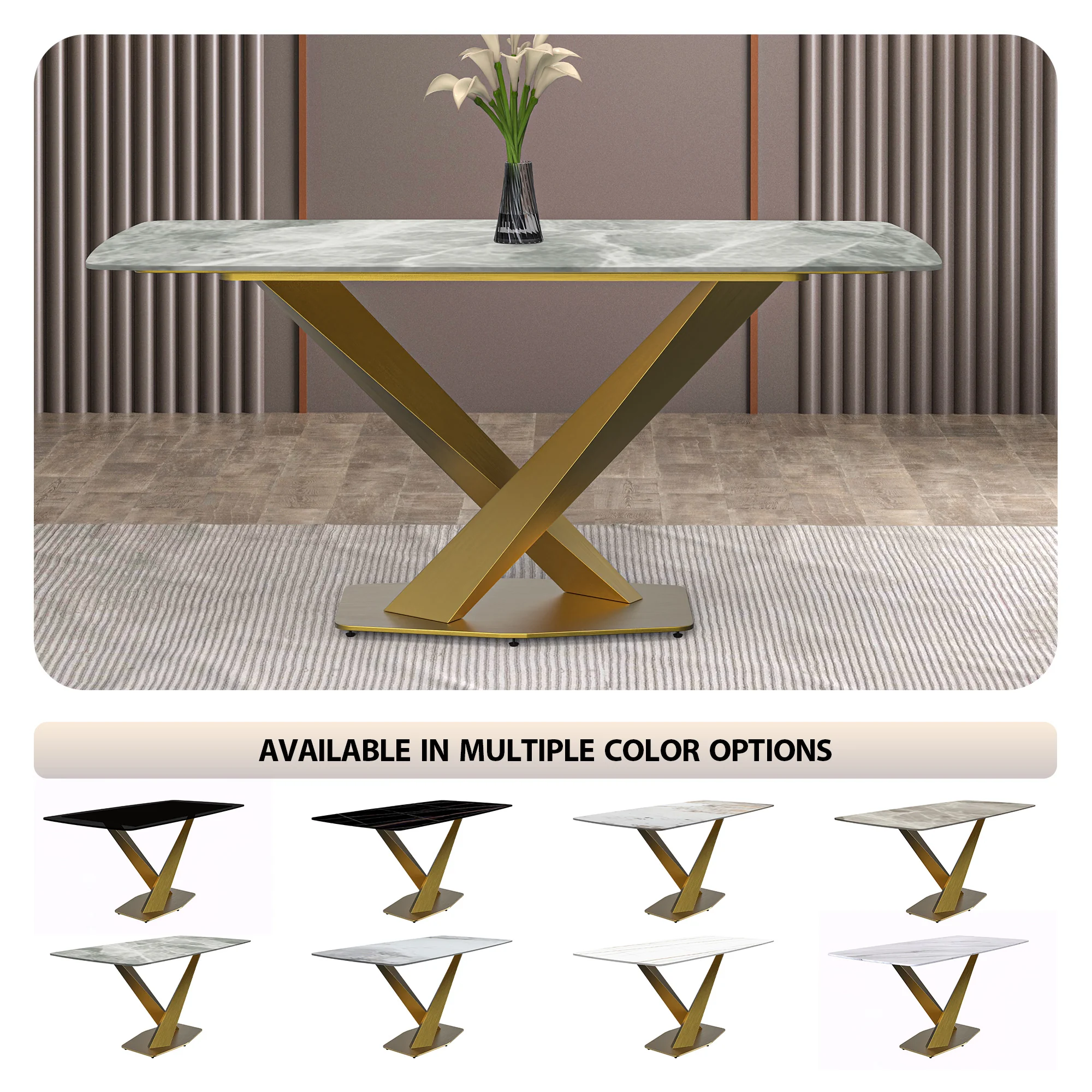 Voren Series Modern Dining Table Gold Base, With 55" Light Grey Sintered Stone Top