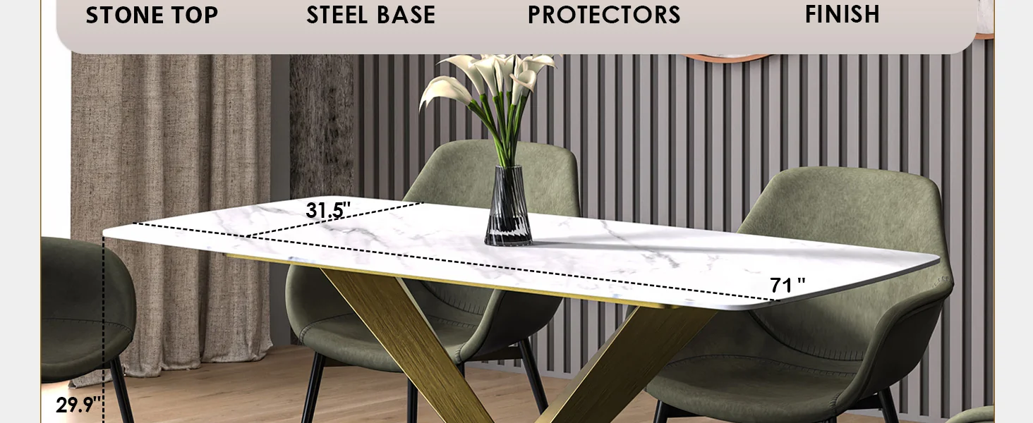 Voren Series Modern Dining Table Gold Base, With 55" White Sintered Stone Top