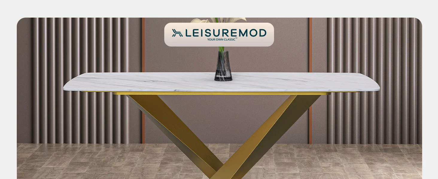 Voren Series Modern Dining Table Gold Base, With 55" White Sintered Stone Top