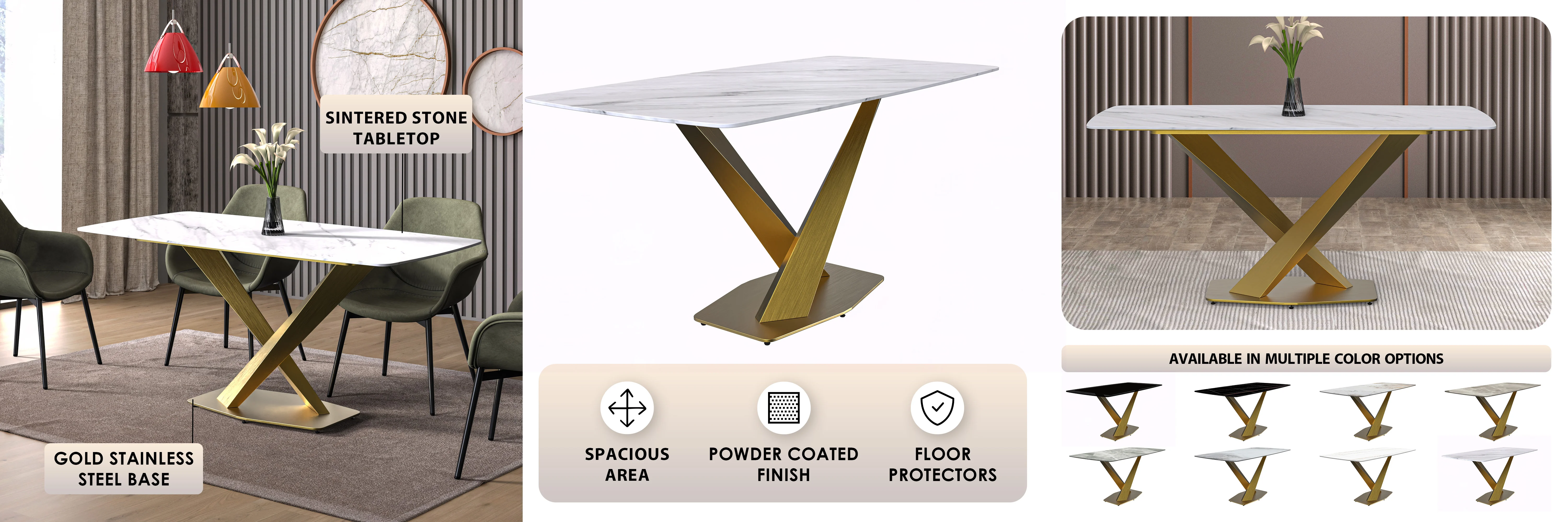 Voren Series Modern Dining Table Gold Base, With 55" White Sintered Stone Top