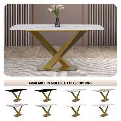 Voren Series Modern Dining Table Gold Base, With 55" White Sintered Stone Top