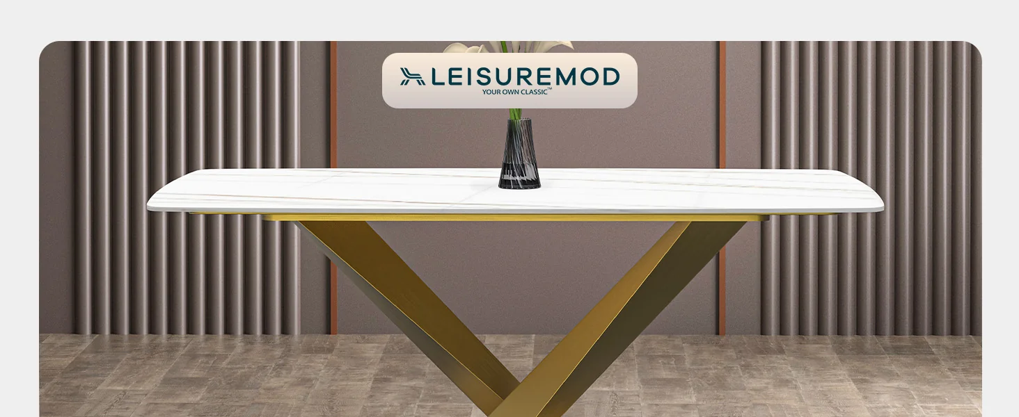 Voren Series Modern Dining Table Gold Base, With 55" White/Gold Sintered Stone Top