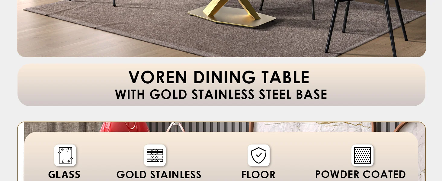 Voren Series Modern Dining Table Gold Base, With 62 Black Glass Top