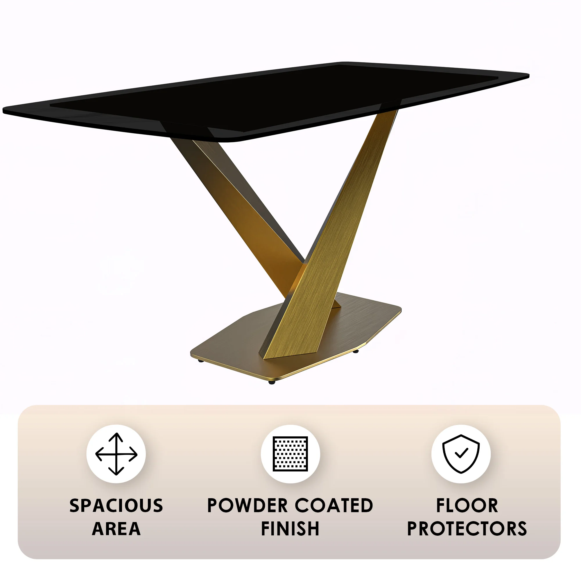 Voren Series Modern Dining Table Gold Base, With 62 Black Glass Top