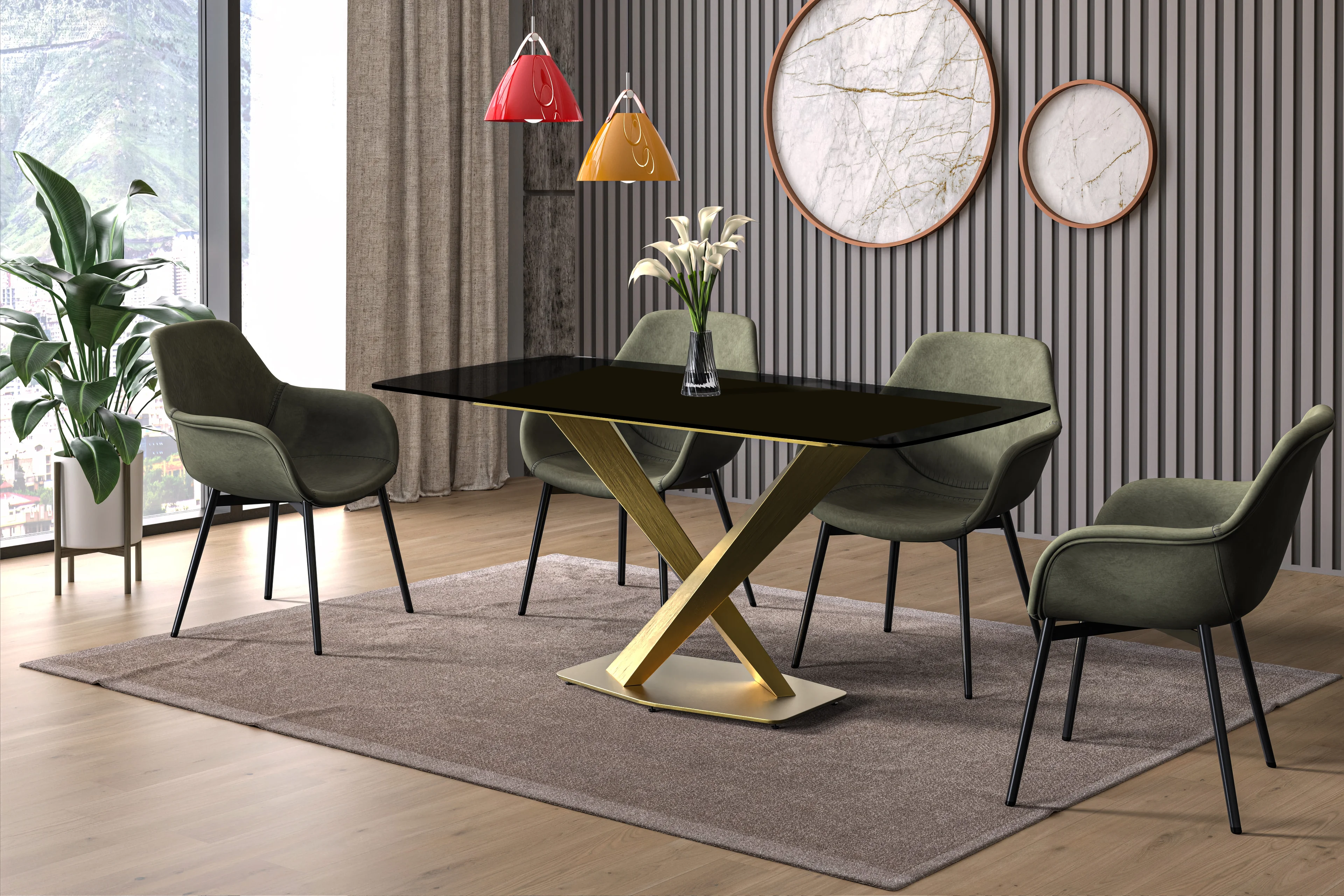 Voren Series Modern Dining Table Gold Base, With 62 Black Glass Top