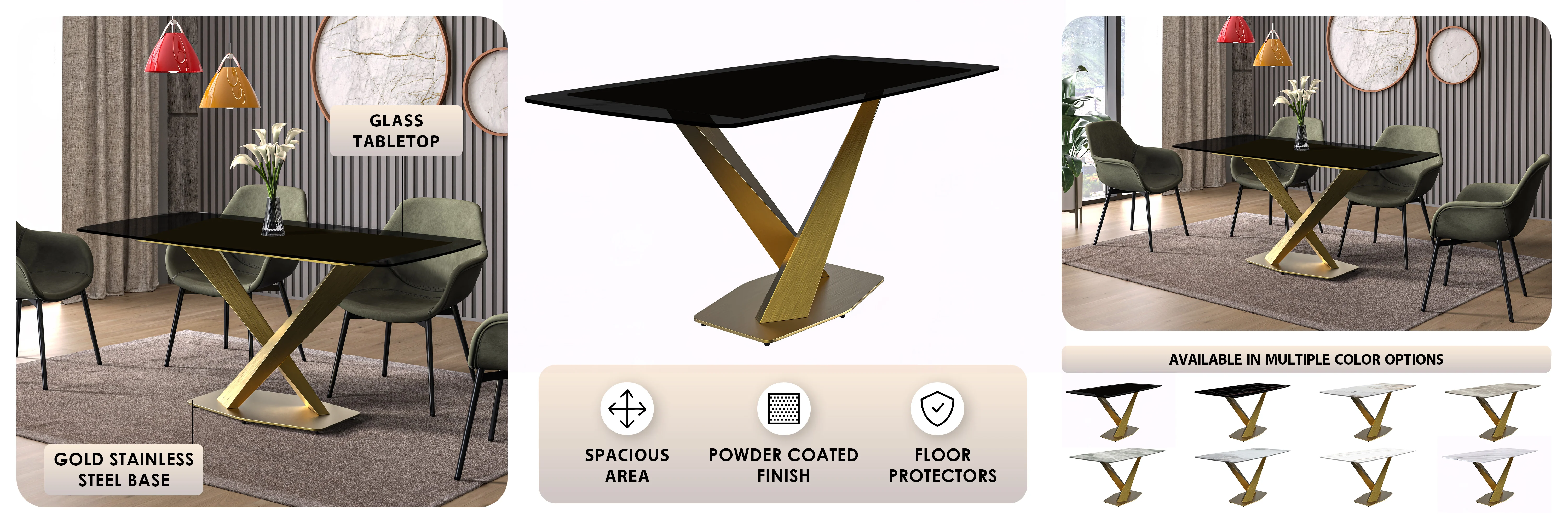 Voren Series Modern Dining Table Gold Base, With 62 Black Glass Top