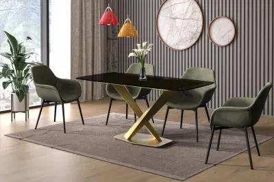 Voren Series Modern Dining Table Gold Base, With 62 Black Glass Top