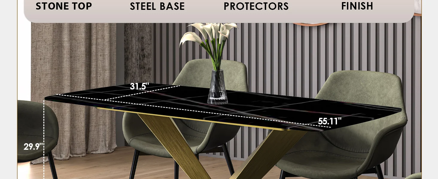 Voren Series Modern Dining Table Gold Base, With 62 Black/Gold Sintered Stone Top
