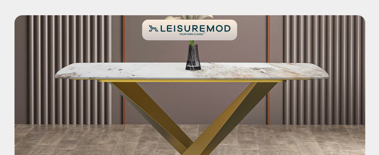 Voren Series Modern Dining Table Gold Base, With 62 White Grey Sintered Stone Top