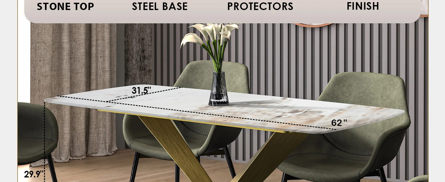 Voren Series Modern Dining Table Gold Base, With 62 White Grey Sintered Stone Top