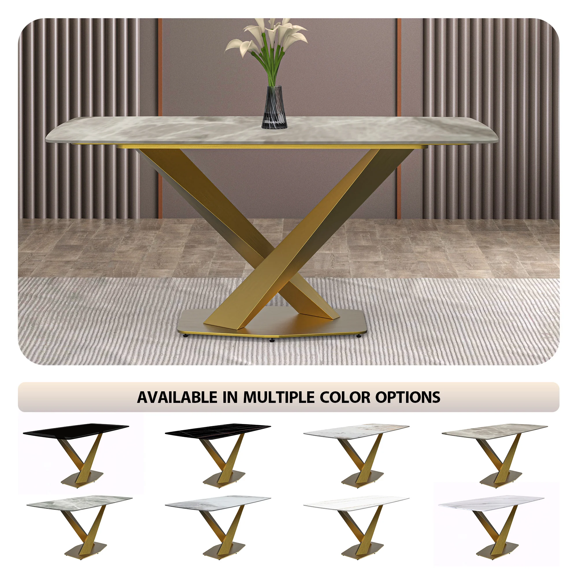 Voren Series Modern Dining Table Gold Base, With 62 Deep Grey Sintered Stone Top