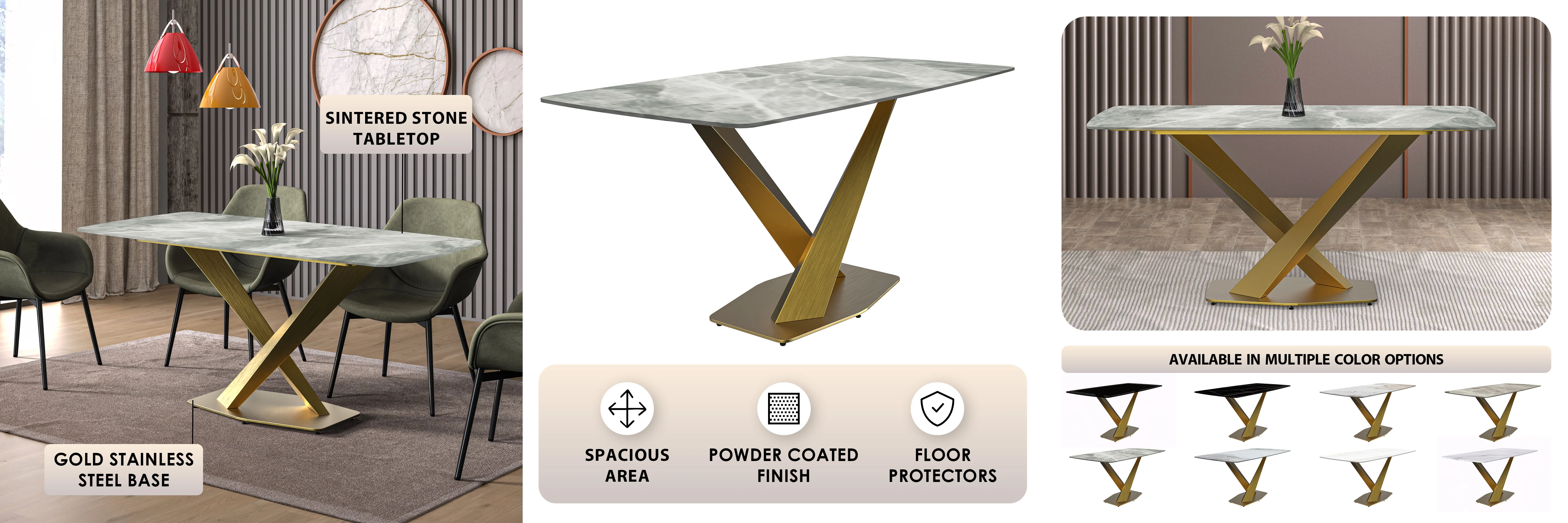Voren Series Modern Dining Table Gold Base, With 62 Light Grey Sintered Stone Top
