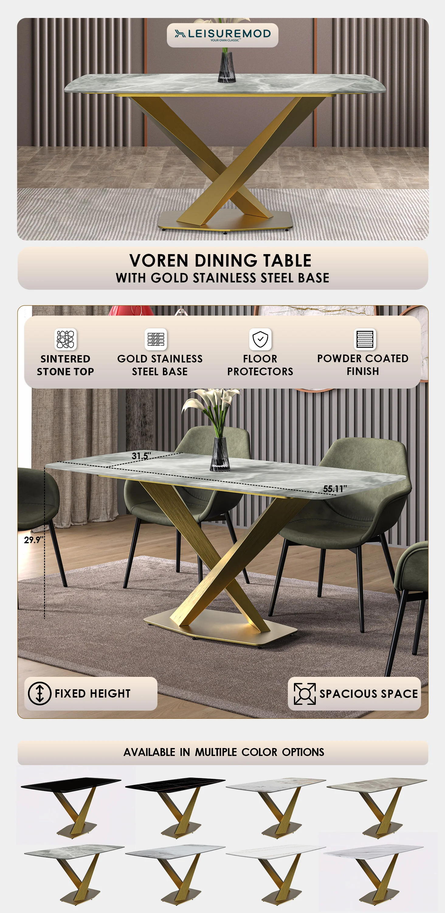 Voren Series Modern Dining Table Gold Base, With 62 Light Grey Sintered Stone Top