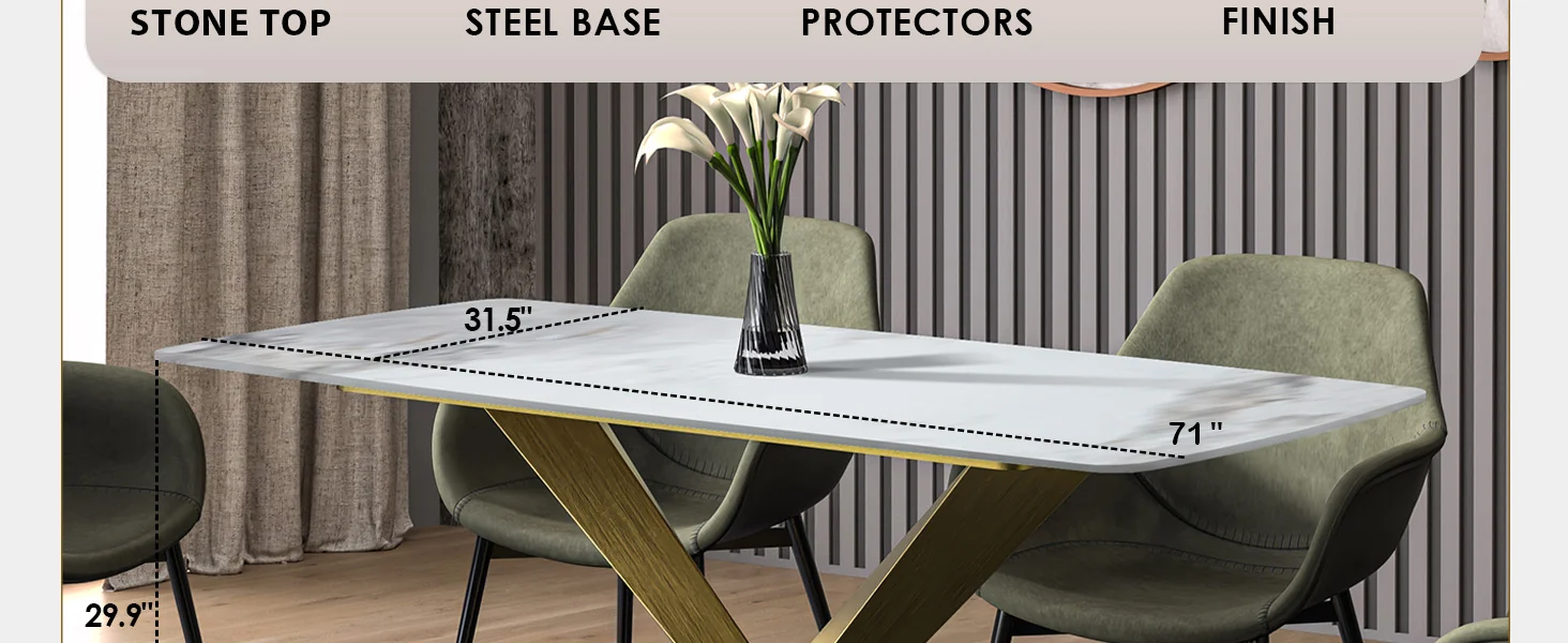 Voren Series Modern Dining Table Gold Base, With 62 Medium Grey Sintered Stone Top