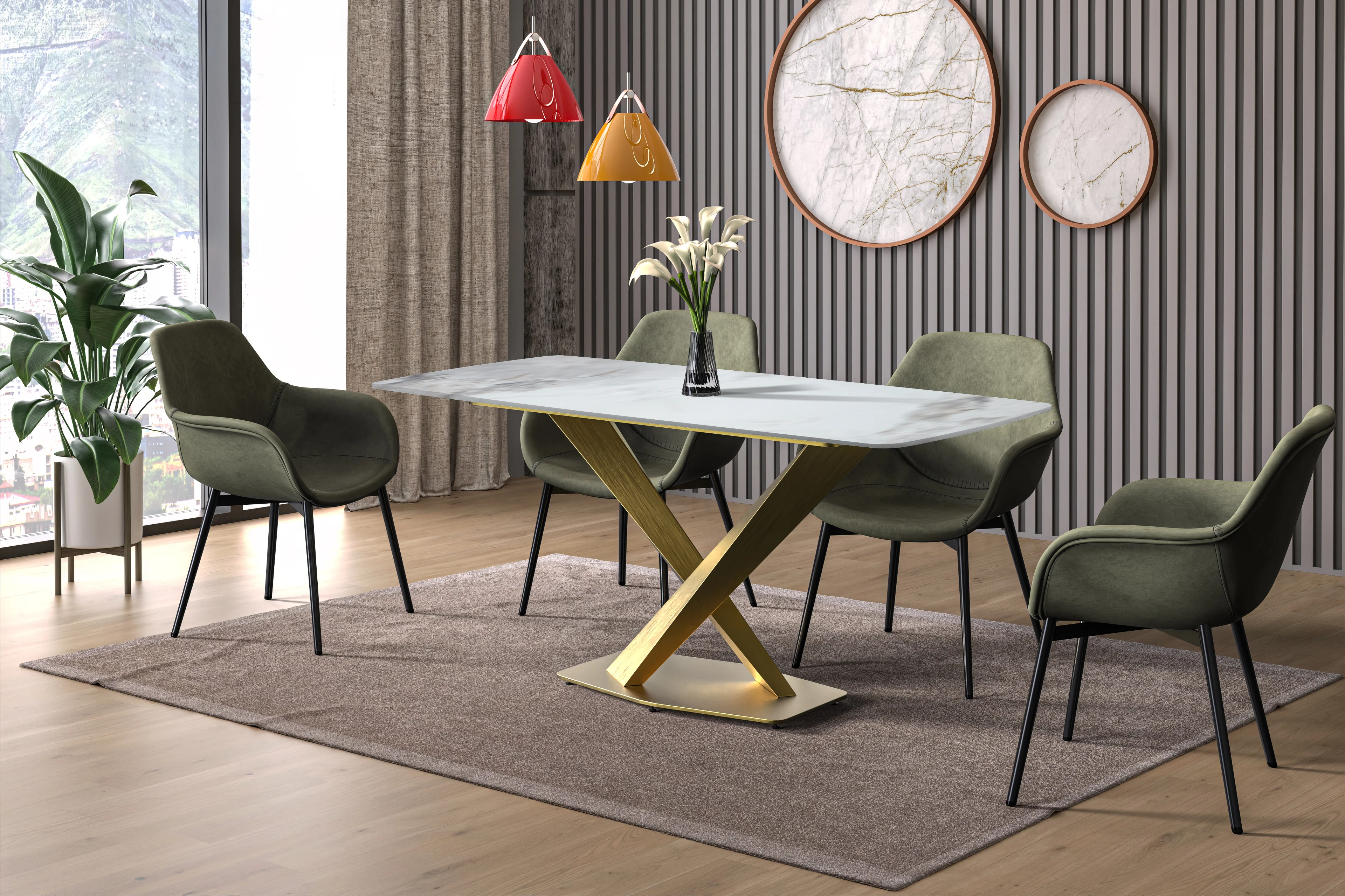 Voren Series Modern Dining Table Gold Base, With 62 Medium Grey Sintered Stone Top
