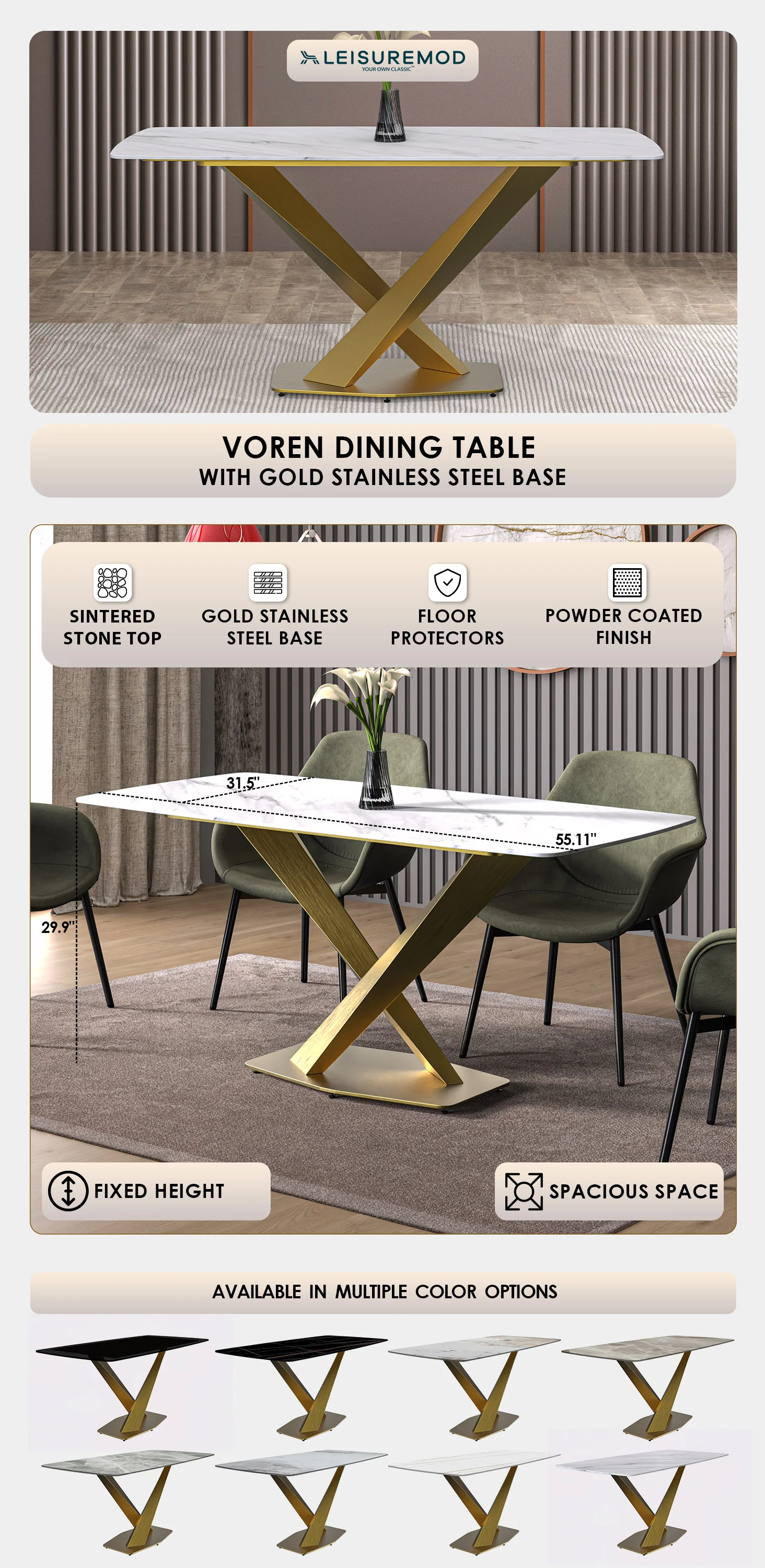 Voren Series Modern Dining Table Gold Base, With 62 White Sintered Stone Top