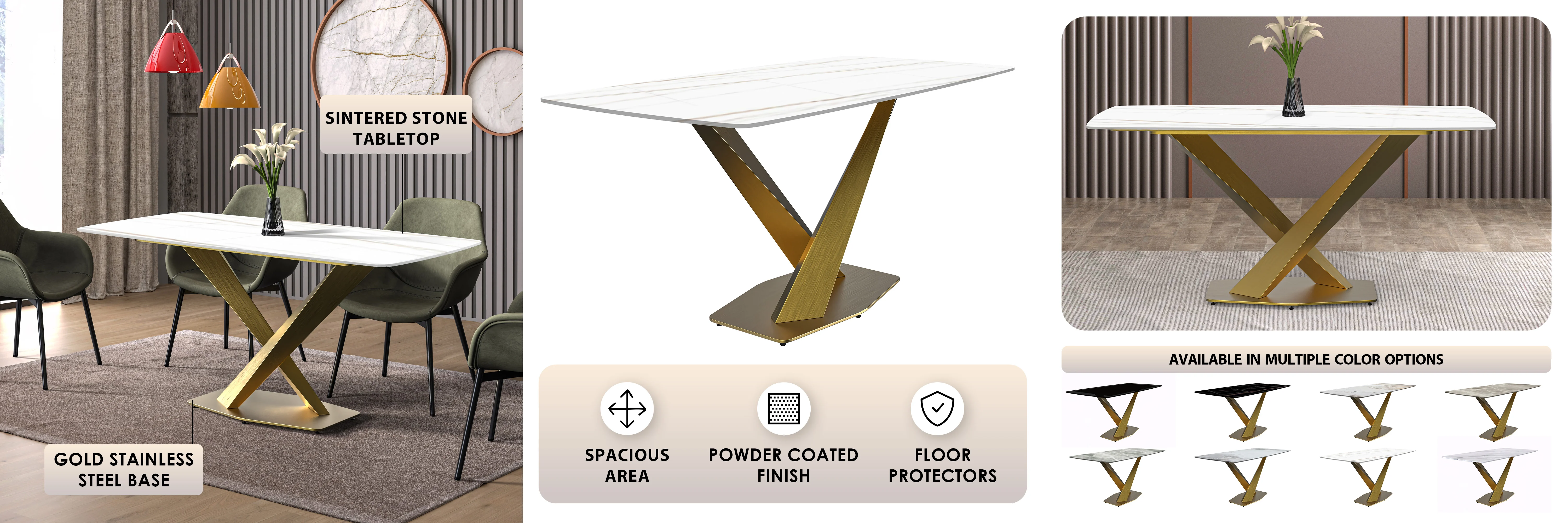 Voren Series Modern Dining Table Gold Base, With 62 White/Gold Sintered Stone Top