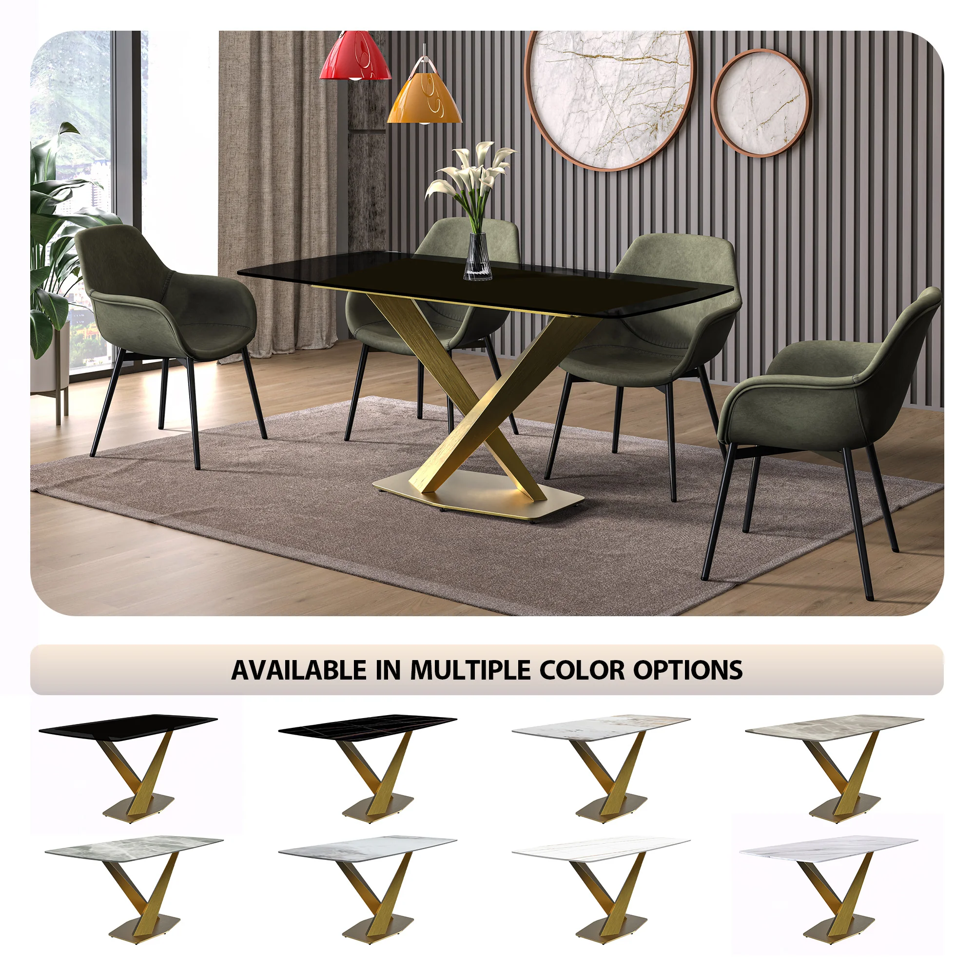 Voren Series Modern Dining Table Gold Base, With 71 Black Glass Top