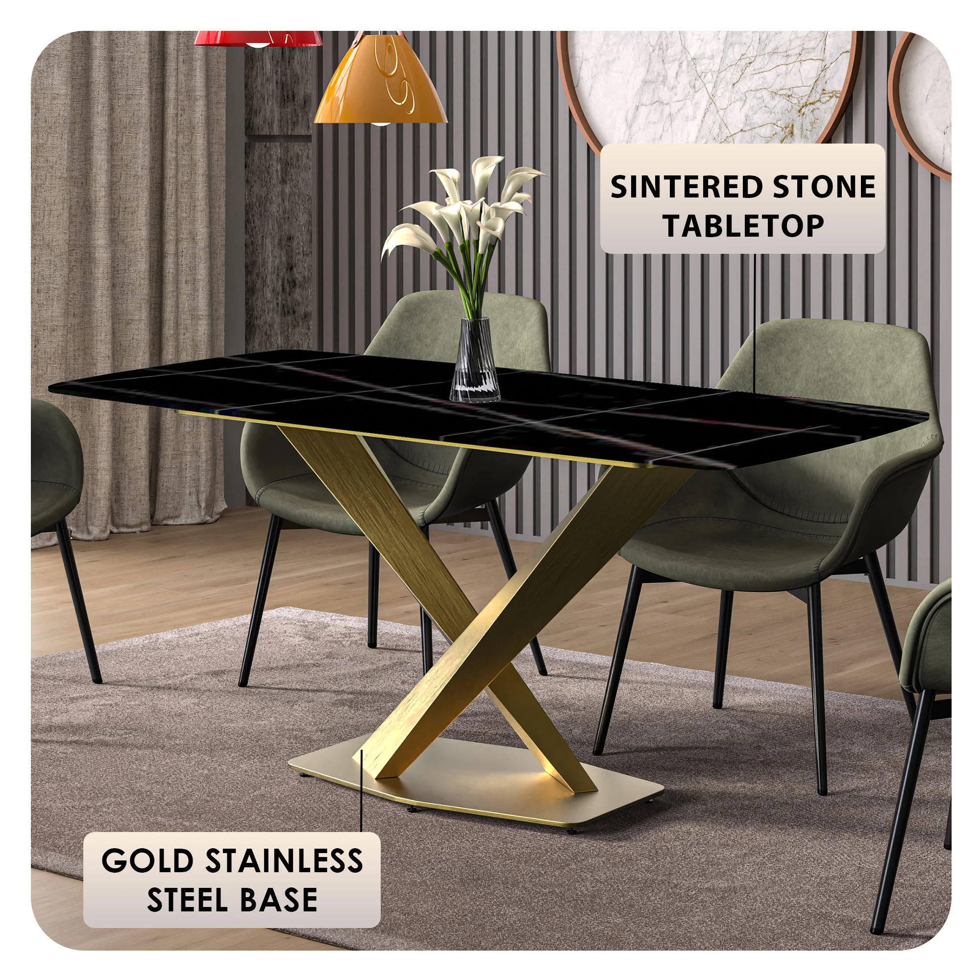 Voren Series Modern Dining Table Gold Base, With 71 Black/Gold Sintered Stone Top